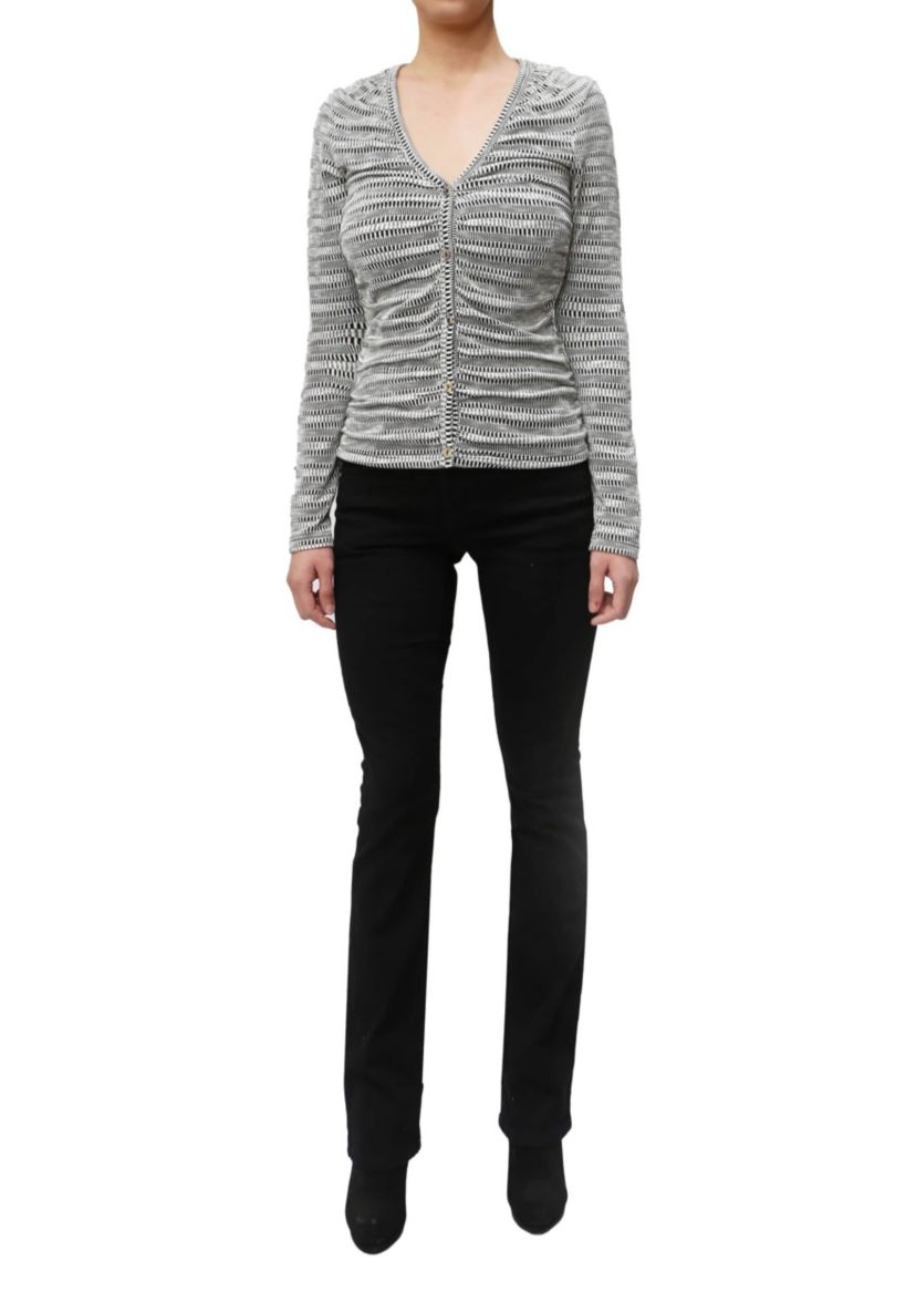 Textured Jacquard Stripe Long Sleeve Ruched Front Button Cardi