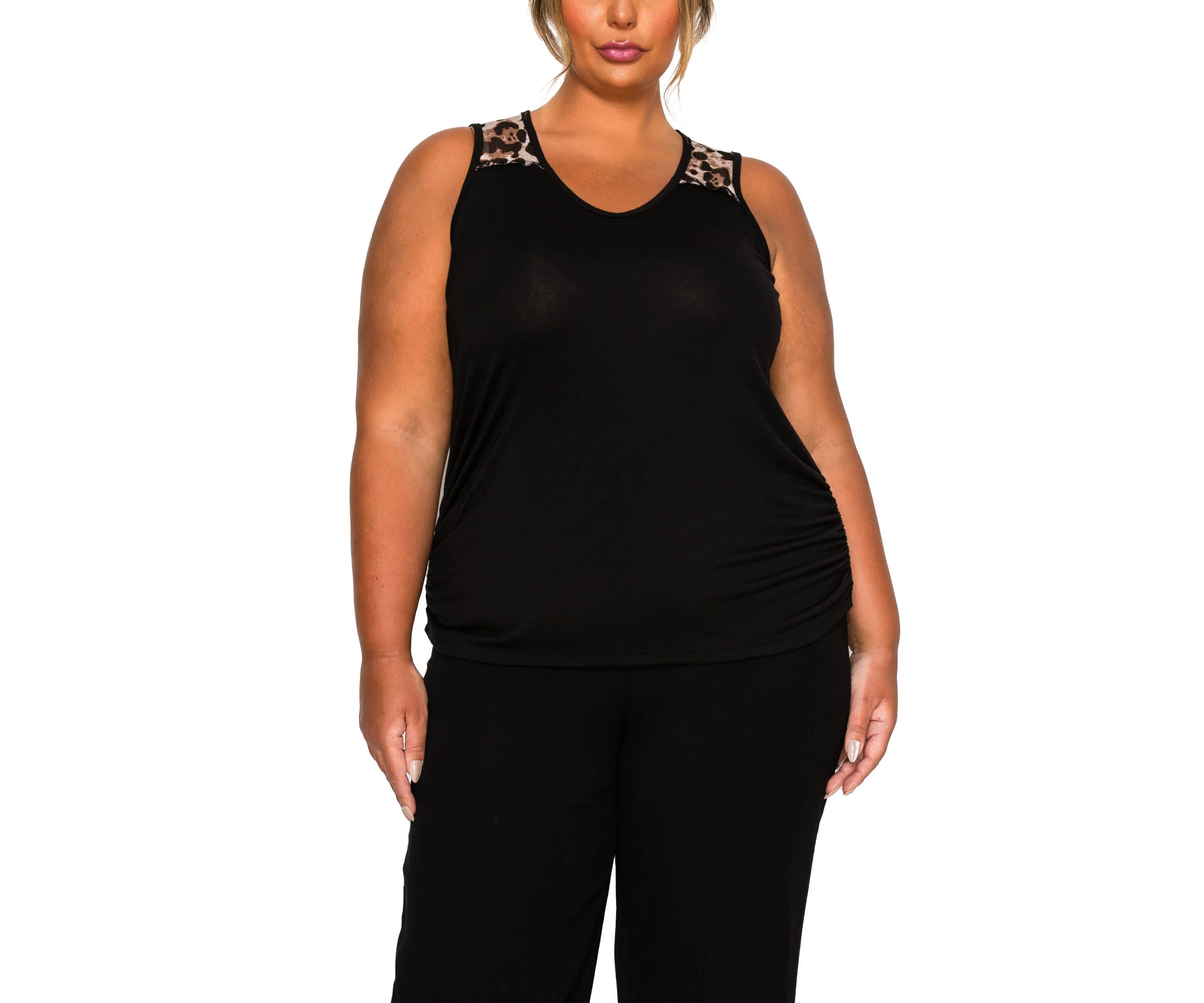 Leopard Print Mesh Yoke Inset Side Ruched Tank