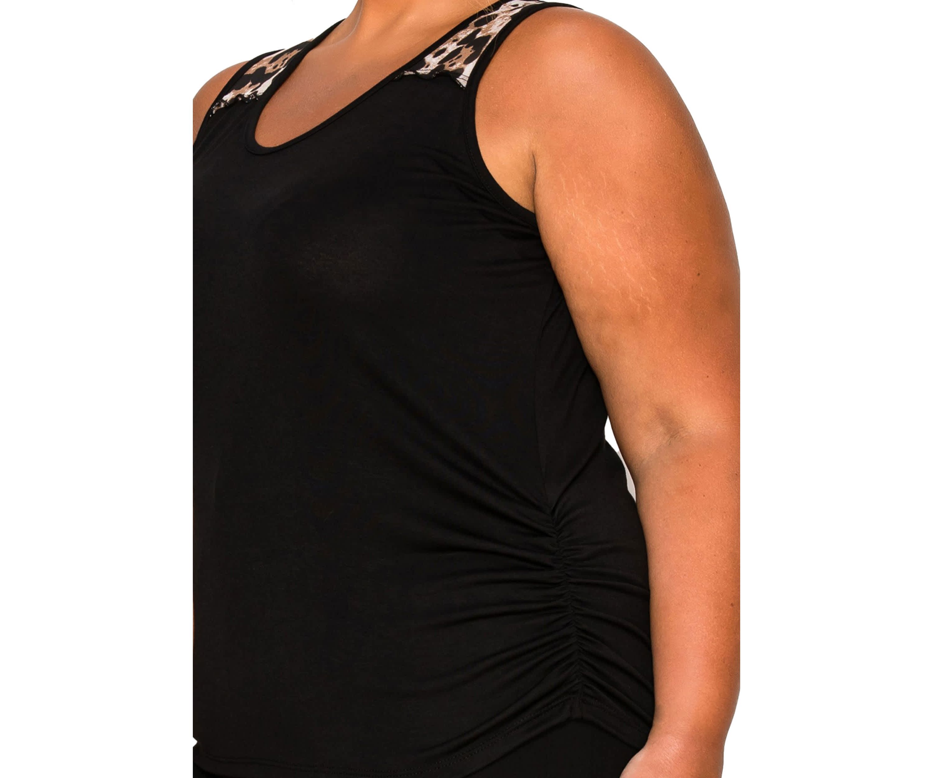 Leopard Print Mesh Yoke Inset Side Ruched Tank