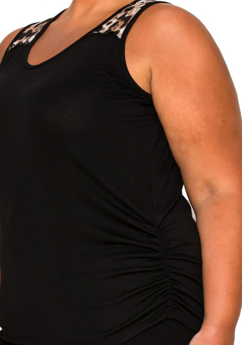 Leopard Print Mesh Yoke Inset Side Ruched Tank