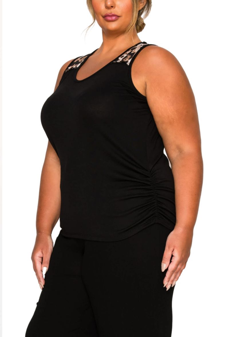 Leopard Print Mesh Yoke Inset Side Ruched Tank