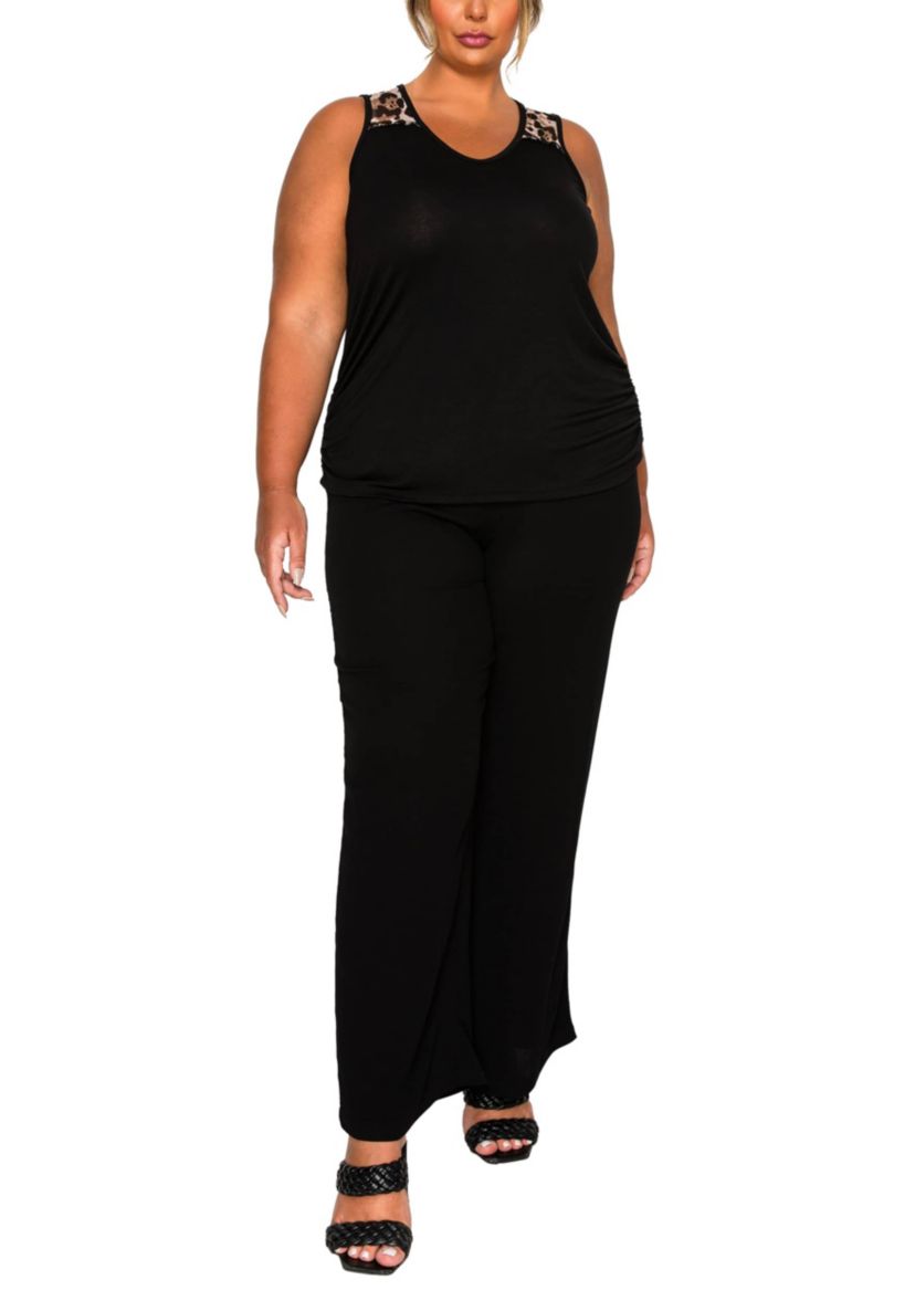 Leopard Print Mesh Yoke Inset Side Ruched Tank