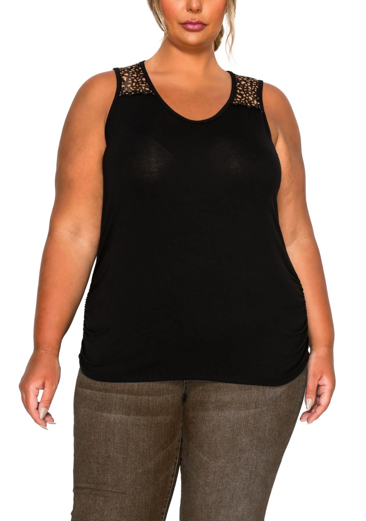 Pebble Print Mesh Yoke Inset Side Ruched Tank