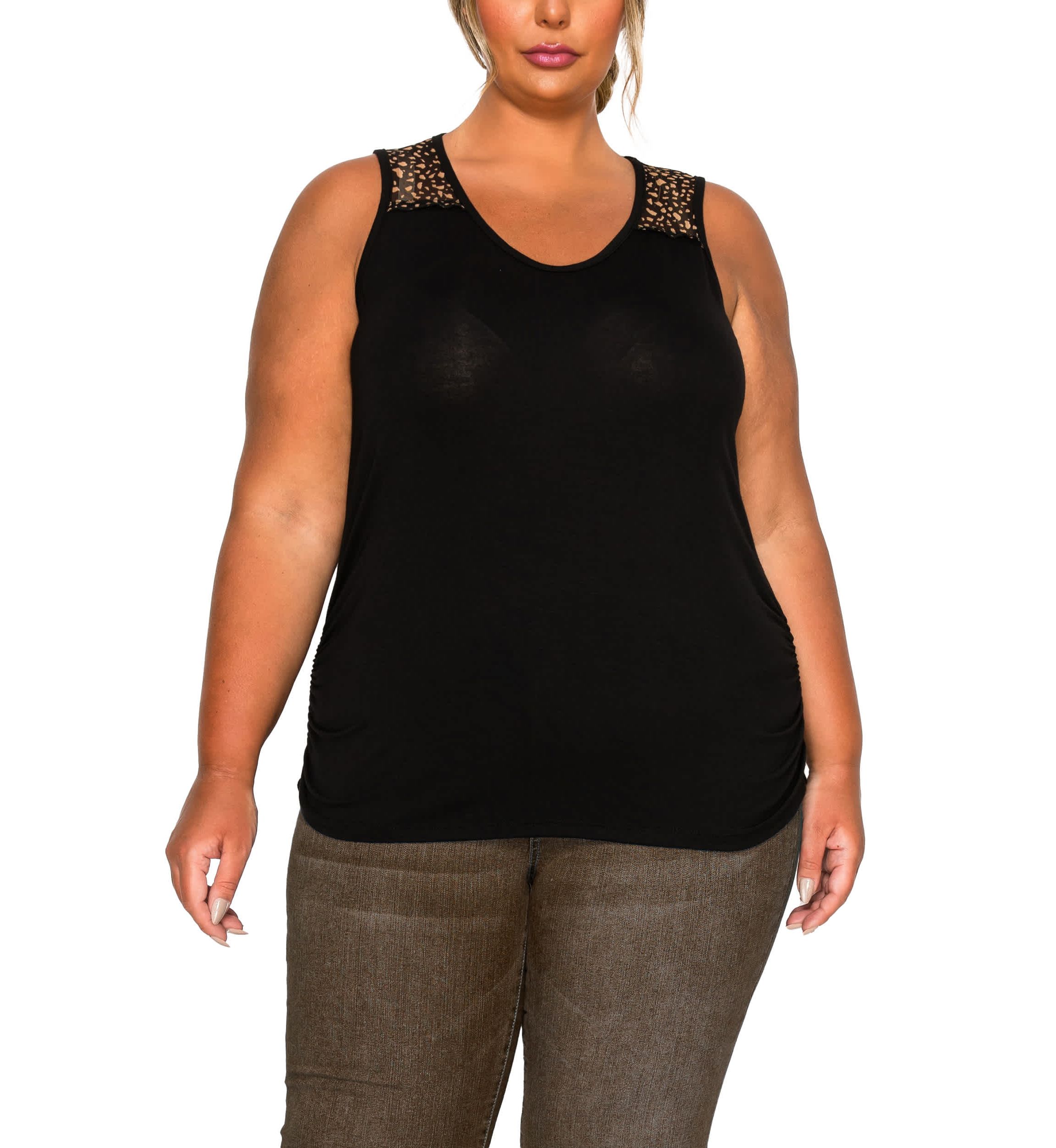 Pebble Print Mesh Yoke Inset Side Ruched Tank