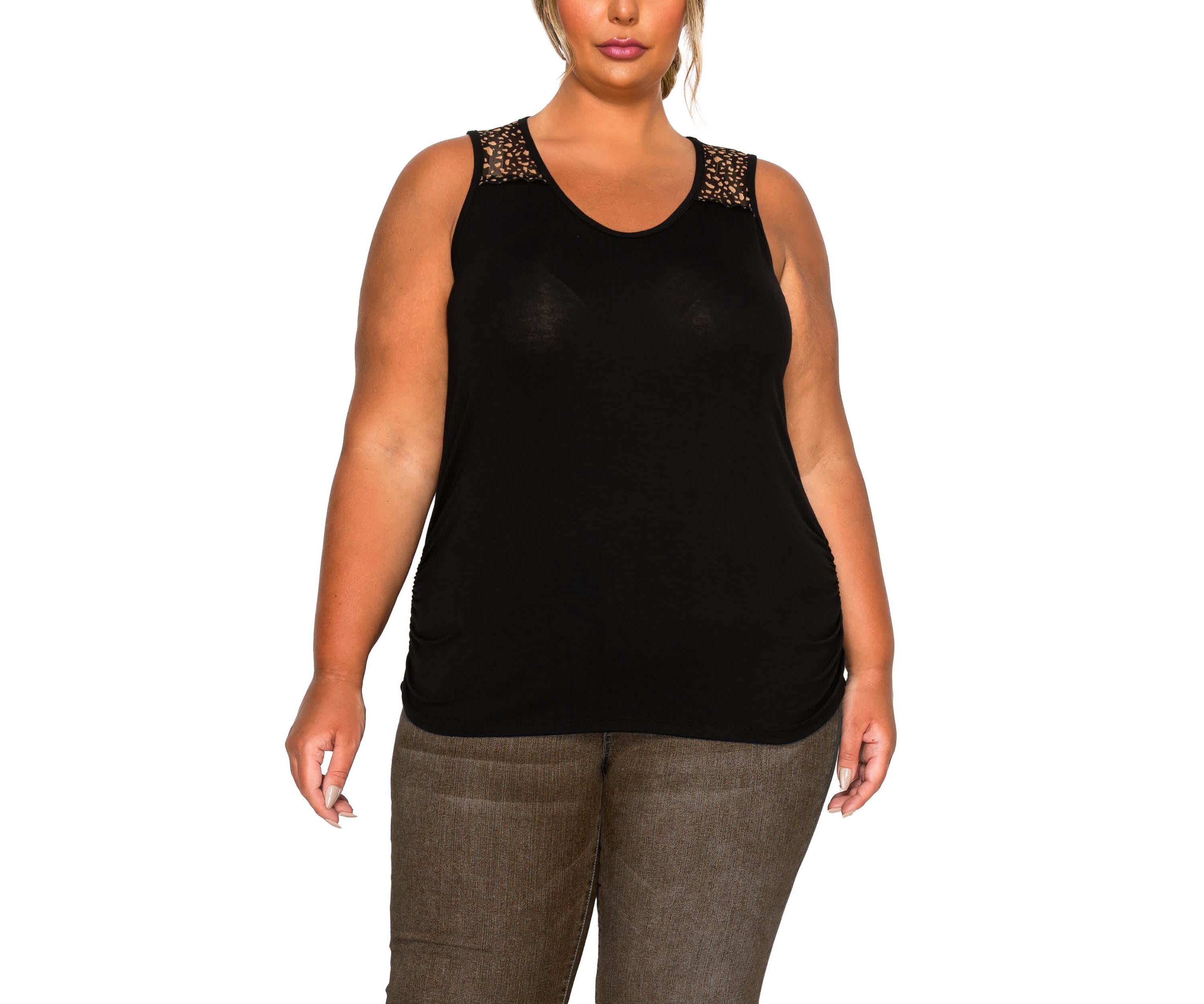 Pebble Print Mesh Yoke Inset Side Ruched Tank