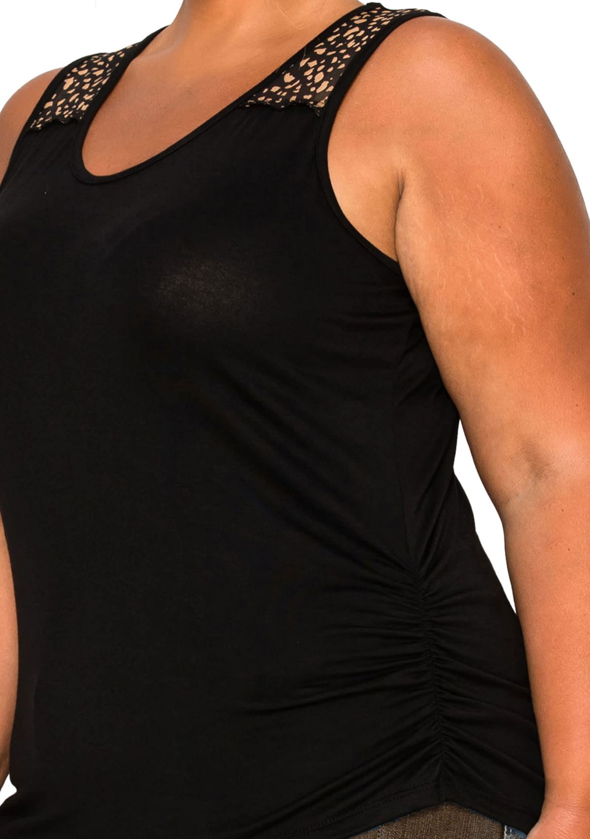 Pebble Print Mesh Yoke Inset Side Ruched Tank