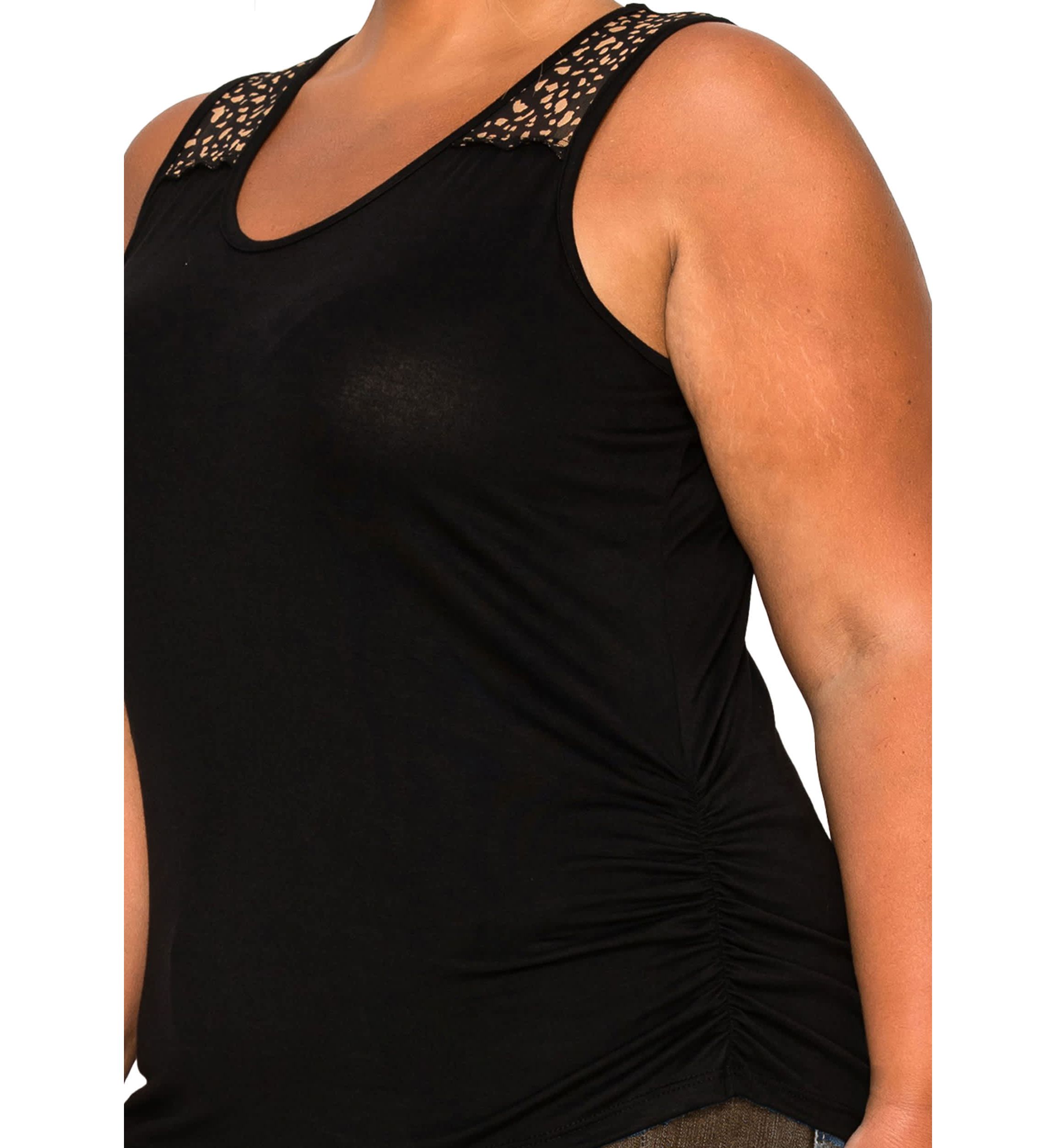 Pebble Print Mesh Yoke Inset Side Ruched Tank