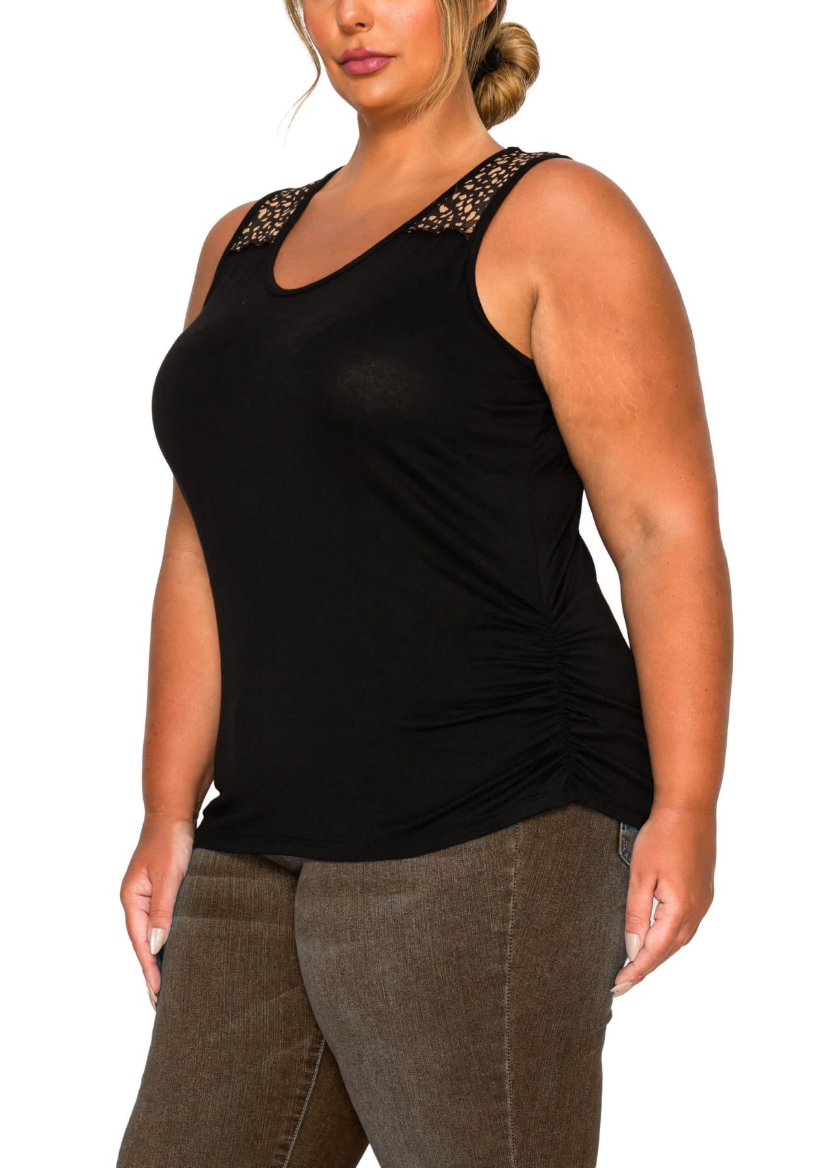 Pebble Print Mesh Yoke Inset Side Ruched Tank