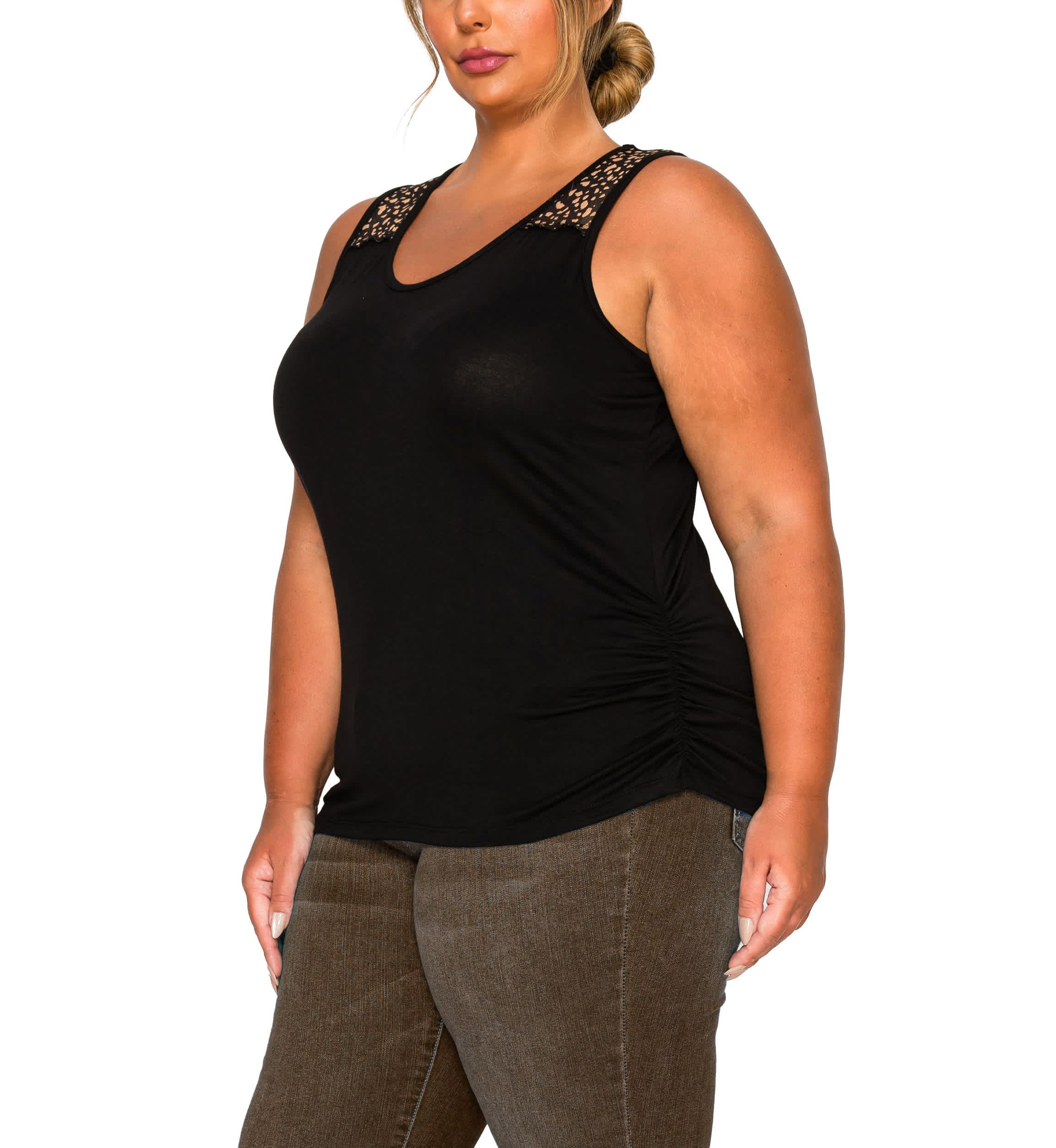 Pebble Print Mesh Yoke Inset Side Ruched Tank