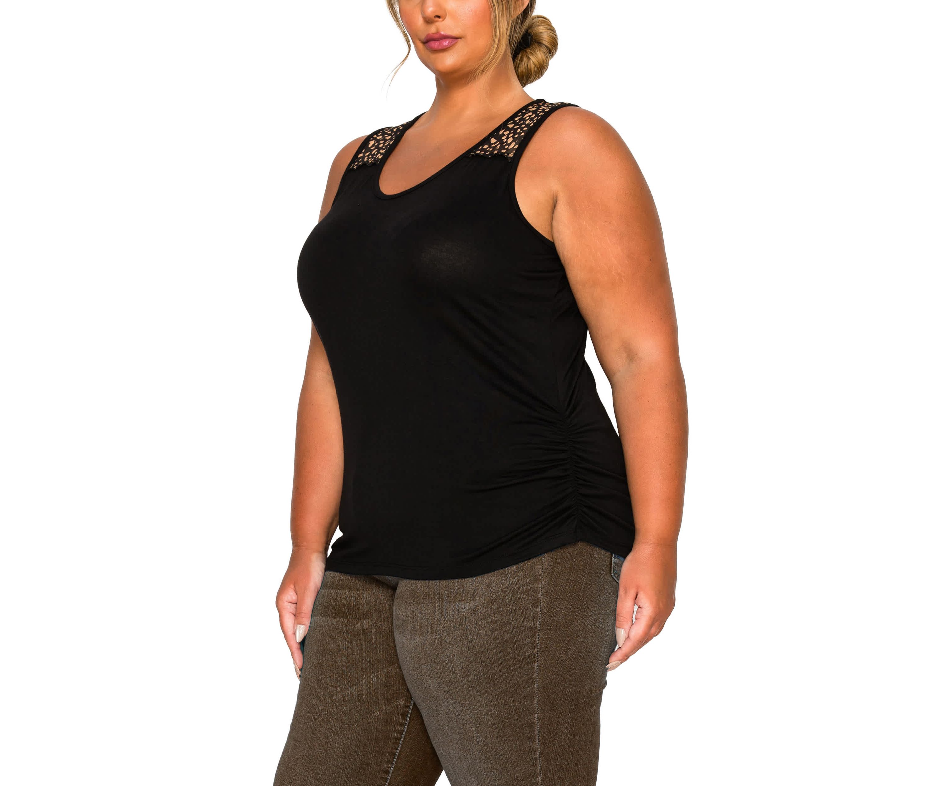 Pebble Print Mesh Yoke Inset Side Ruched Tank