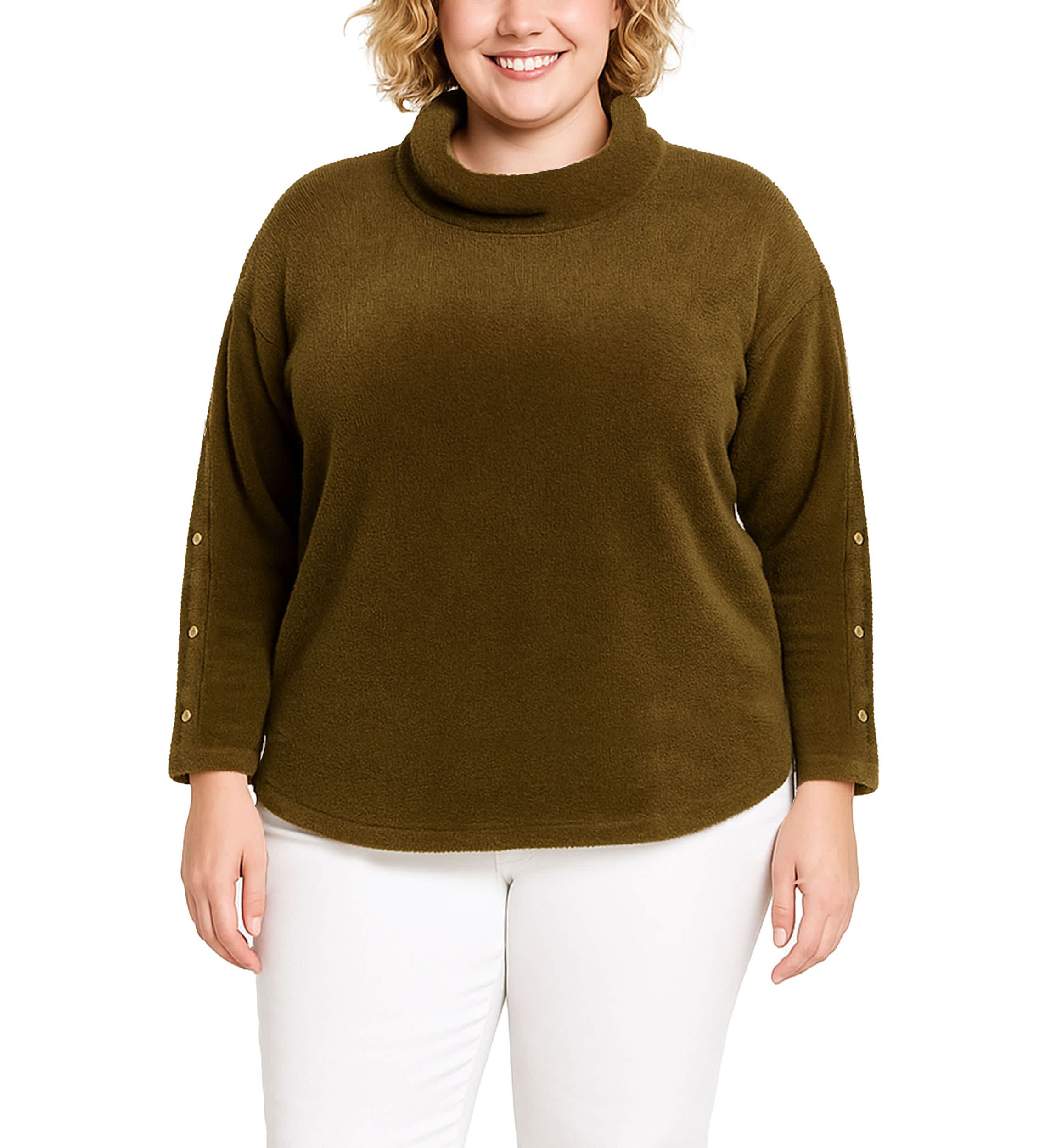 Feather Cozy Rib Cowl Neck Gold Button Sleeve