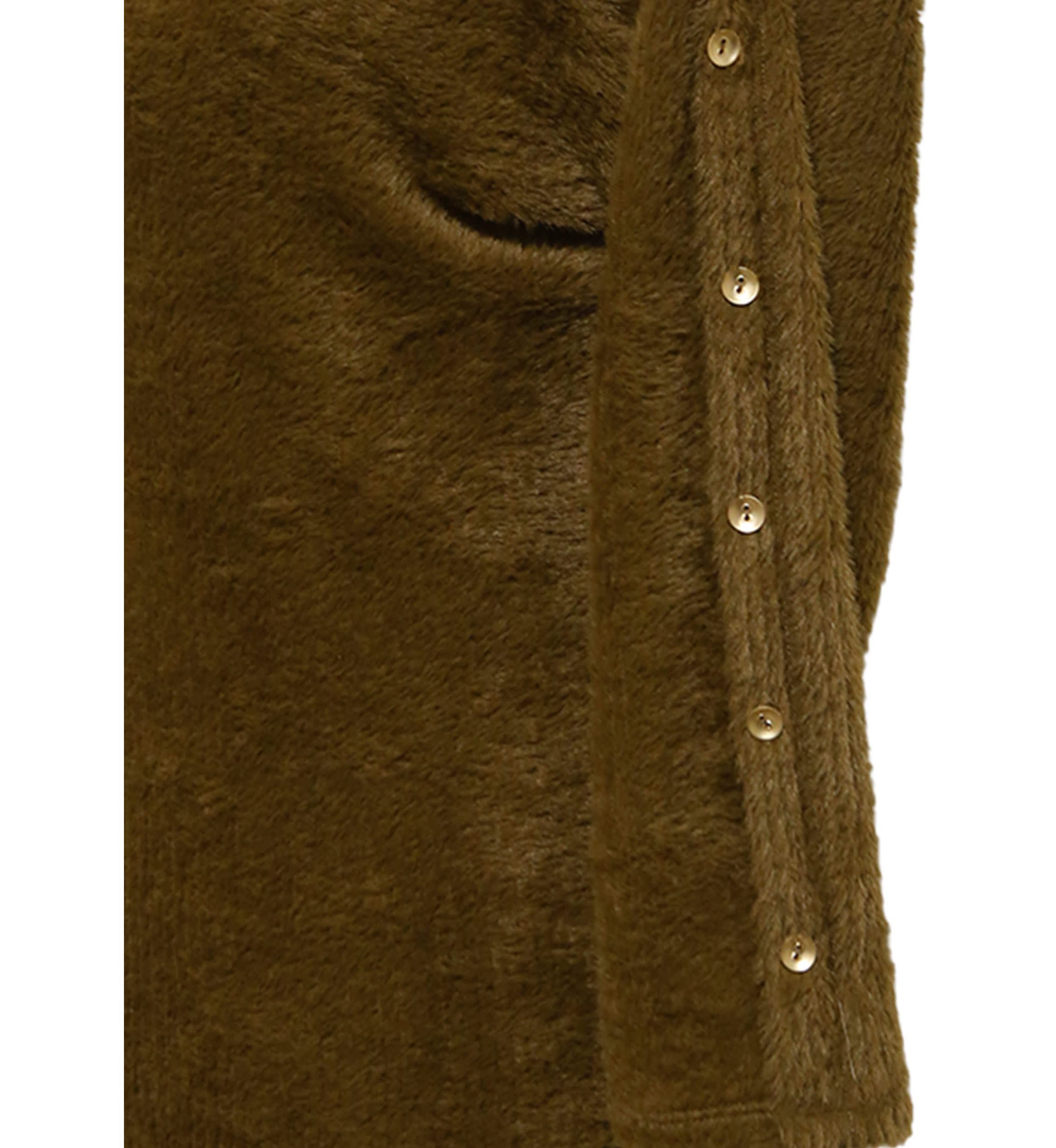 Feather Cozy Rib Cowl Neck Gold Button Sleeve