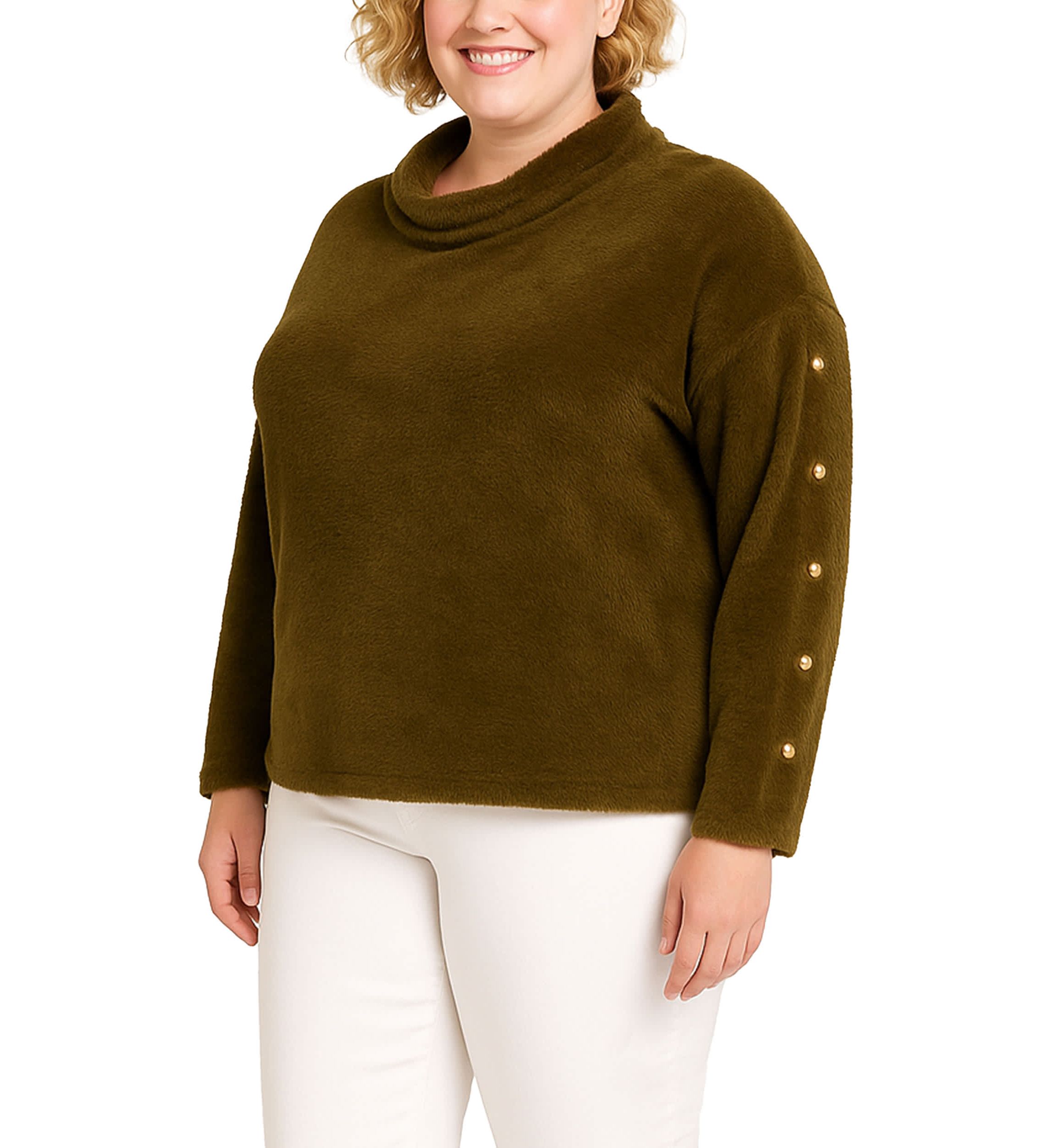 Feather Cozy Rib Cowl Neck Gold Button Sleeve