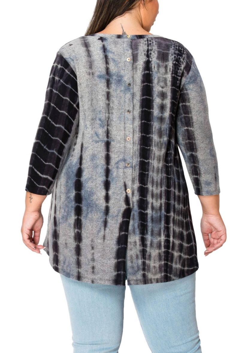 Hand Tie Dye Cozy 3Q Sleeve Button Back