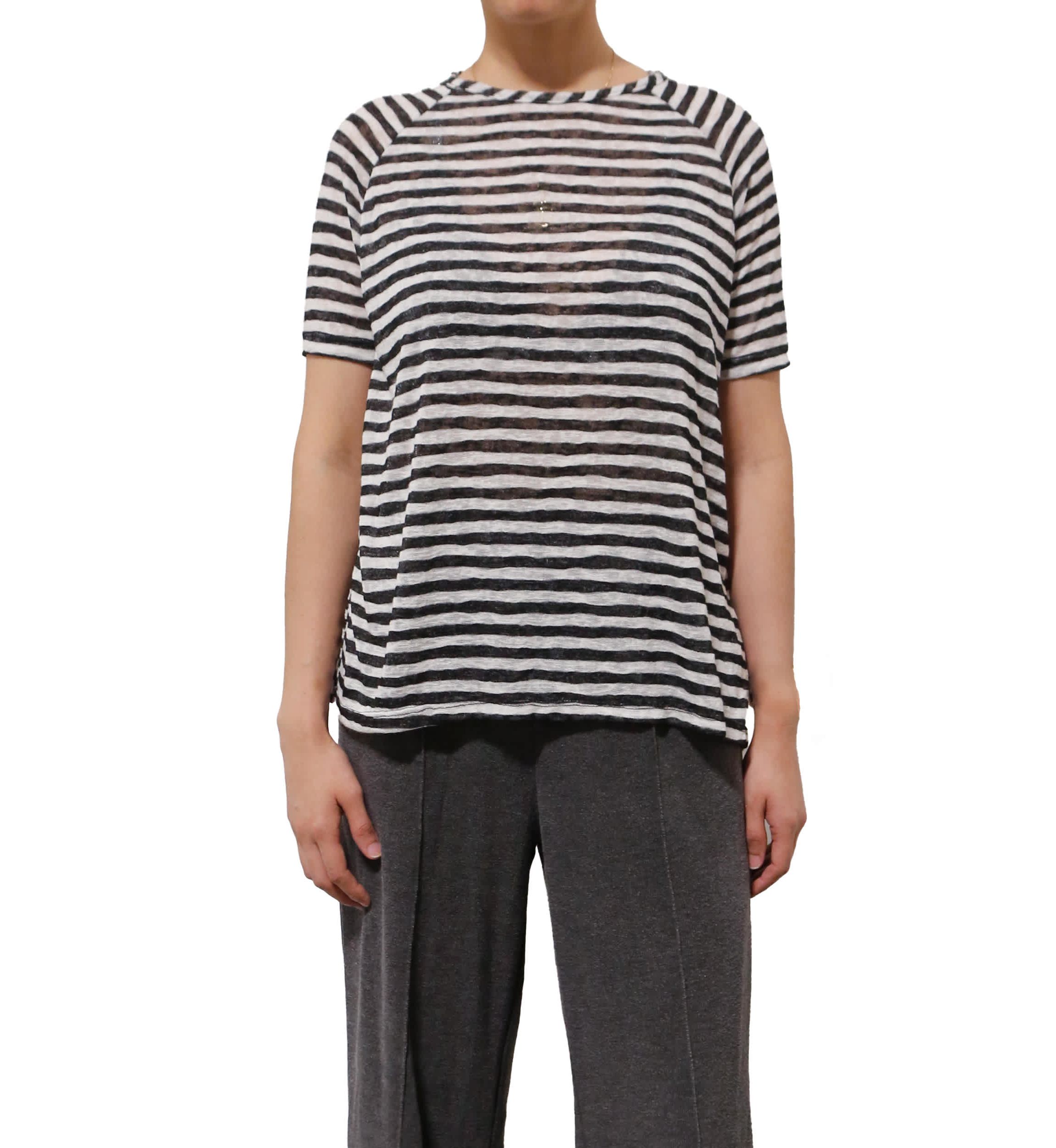 Lightweight Stripe Hacci Short Sleeve Button Back