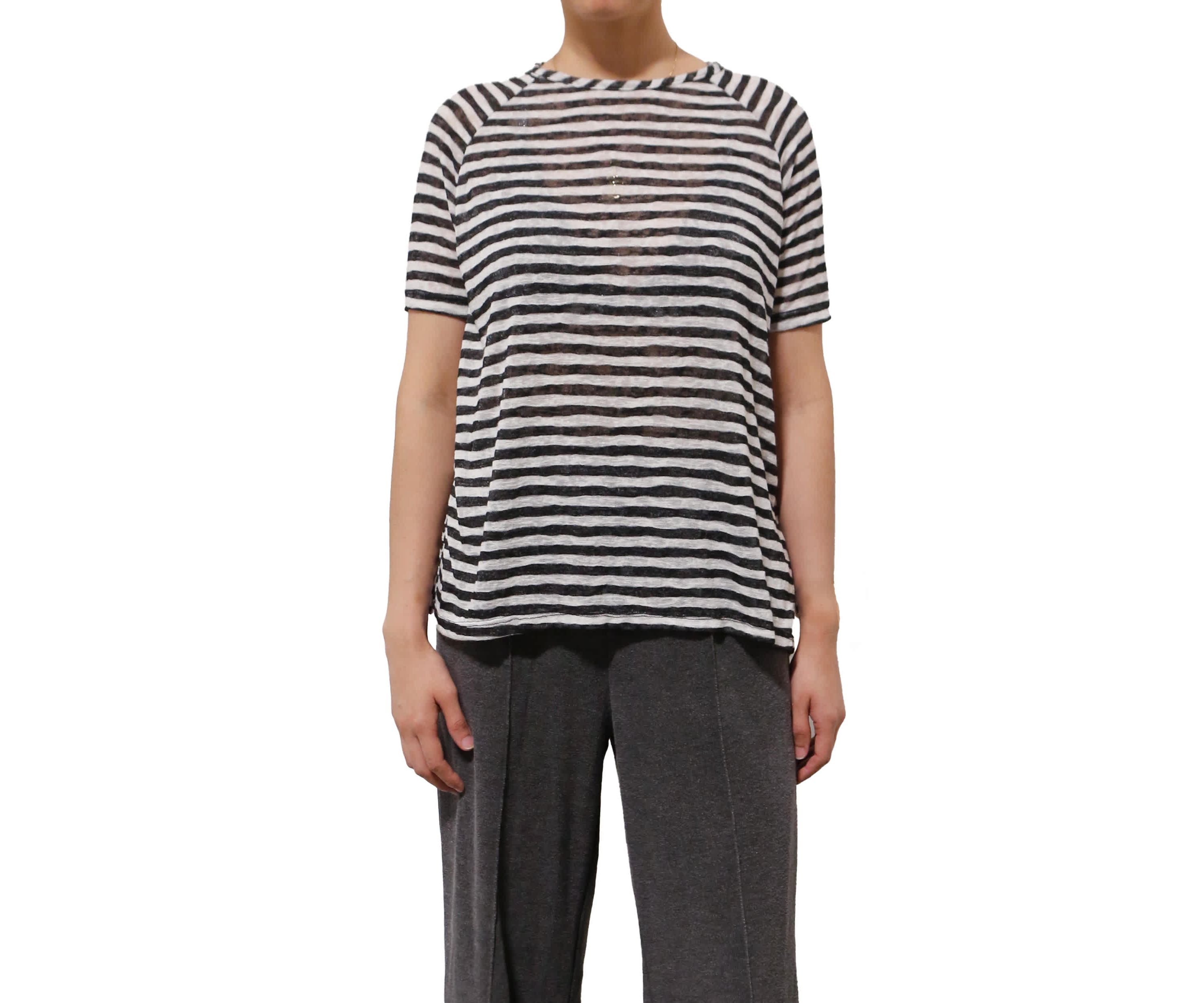 Lightweight Stripe Hacci Short Sleeve Button Back