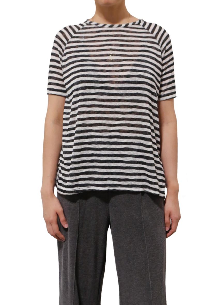 Lightweight Stripe Hacci Short Sleeve Button Back