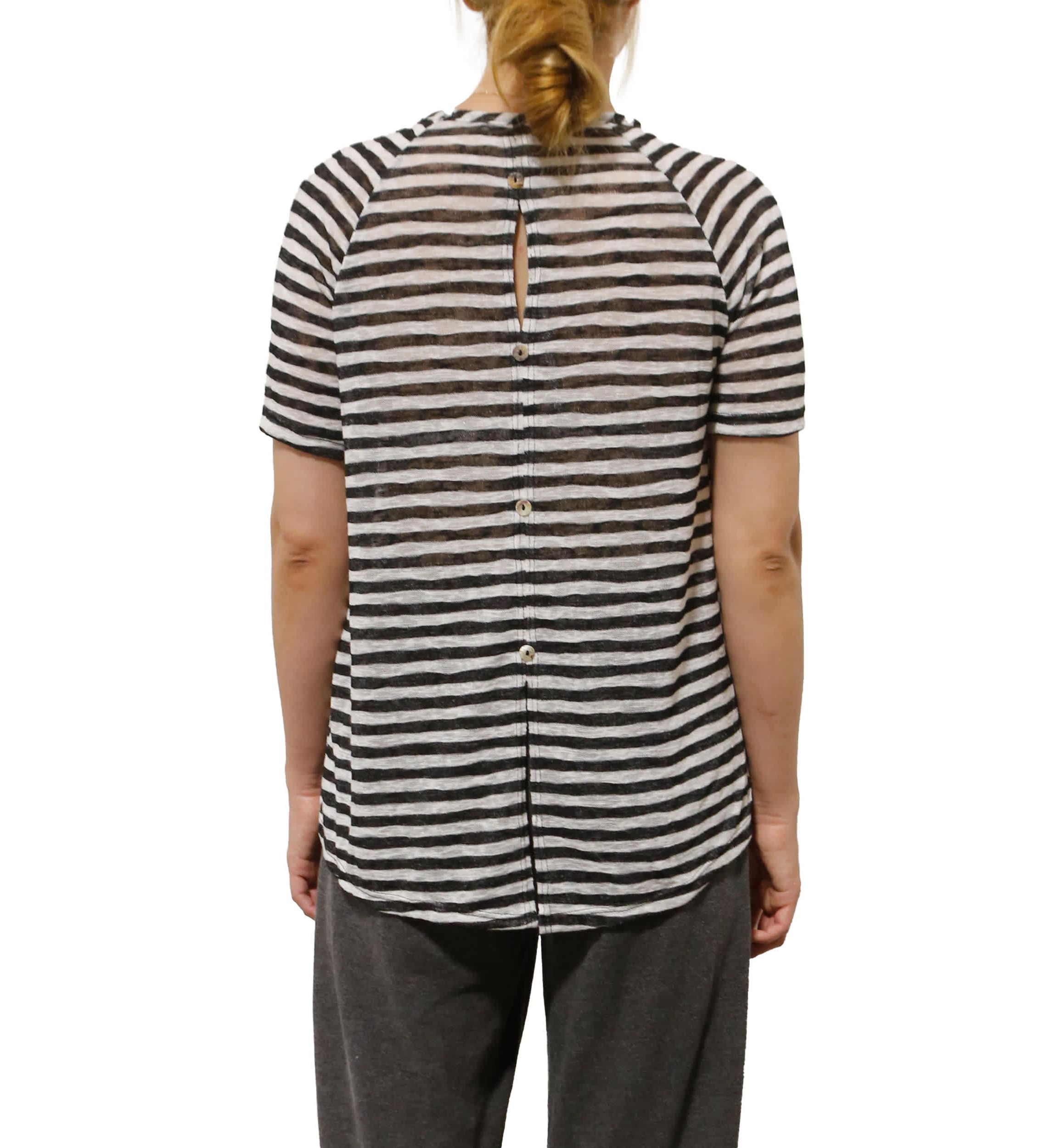 Lightweight Stripe Hacci Short Sleeve Button Back