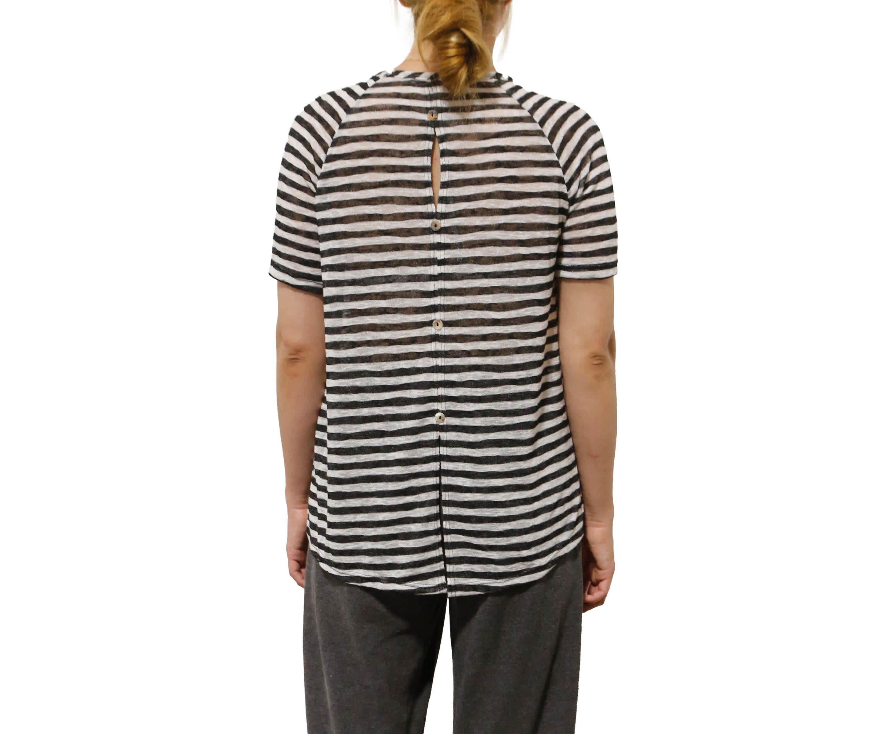 Lightweight Stripe Hacci Short Sleeve Button Back