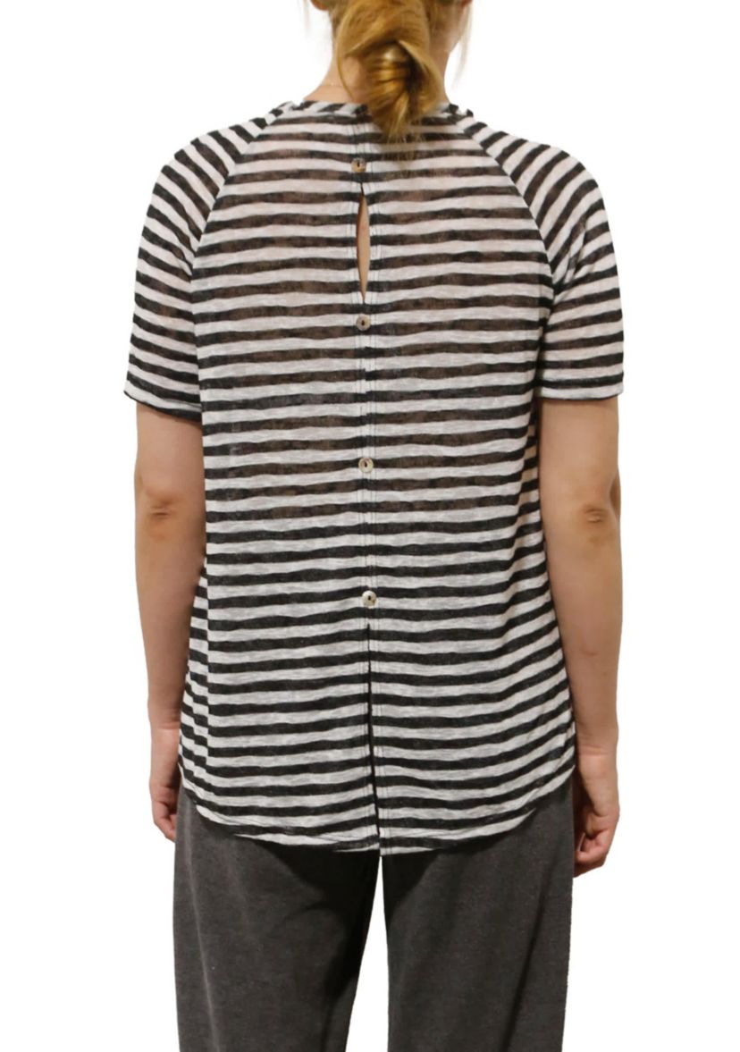 Lightweight Stripe Hacci Short Sleeve Button Back
