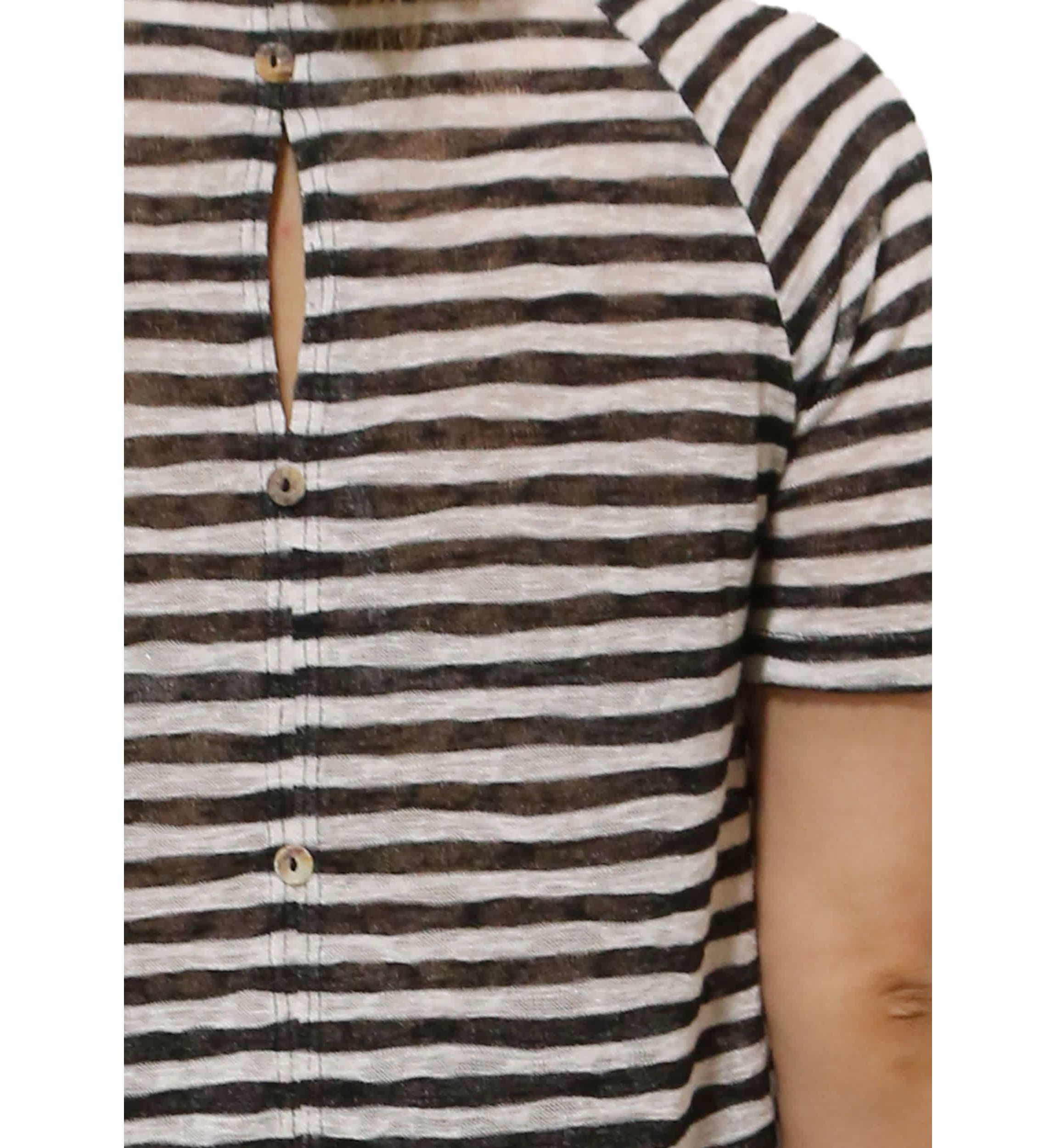 Lightweight Stripe Hacci Short Sleeve Button Back