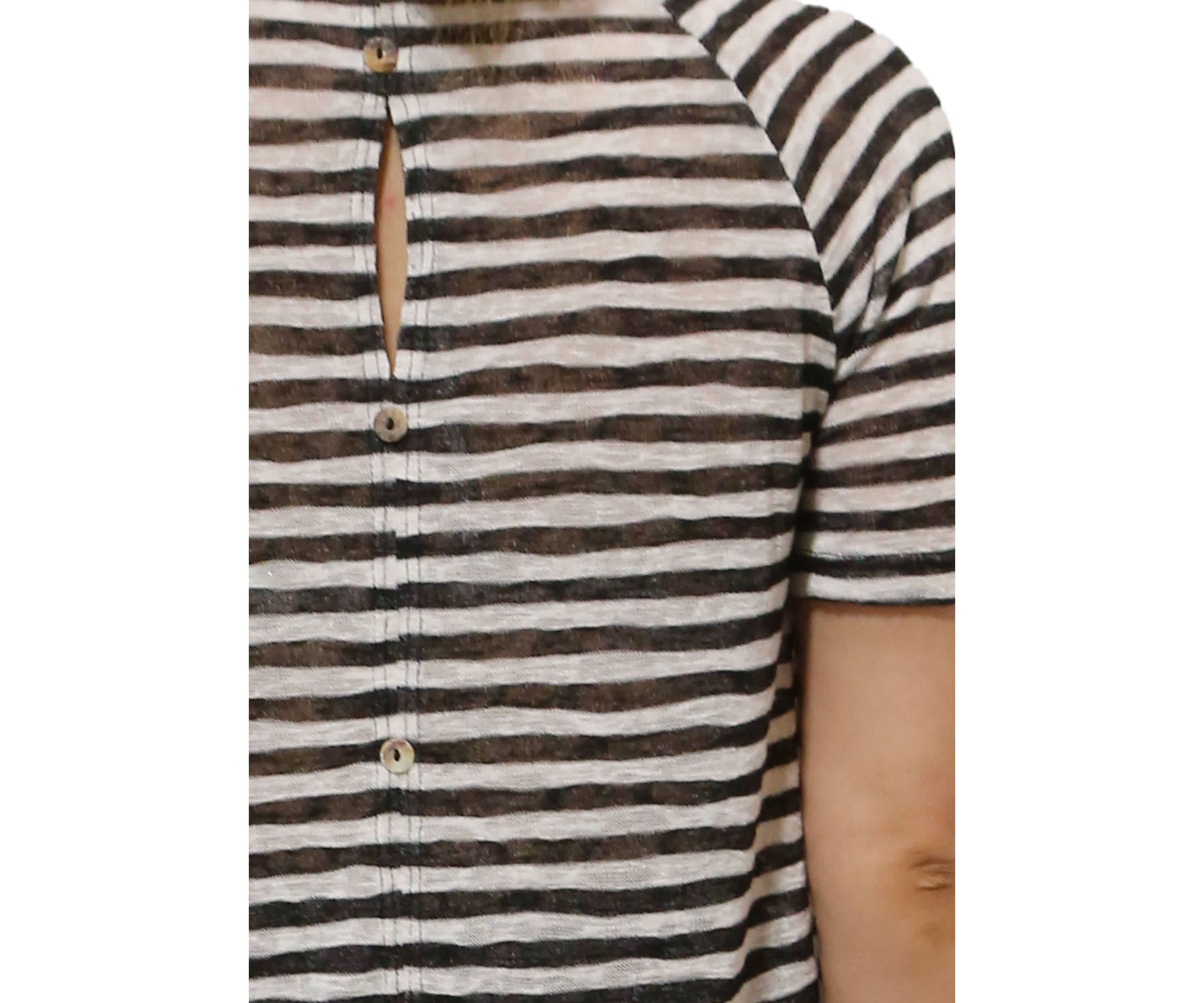 Lightweight Stripe Hacci Short Sleeve Button Back