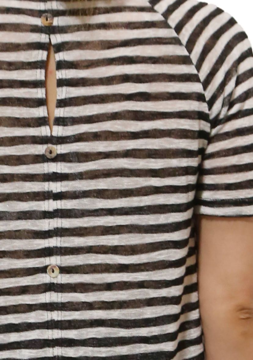 Lightweight Stripe Hacci Short Sleeve Button Back