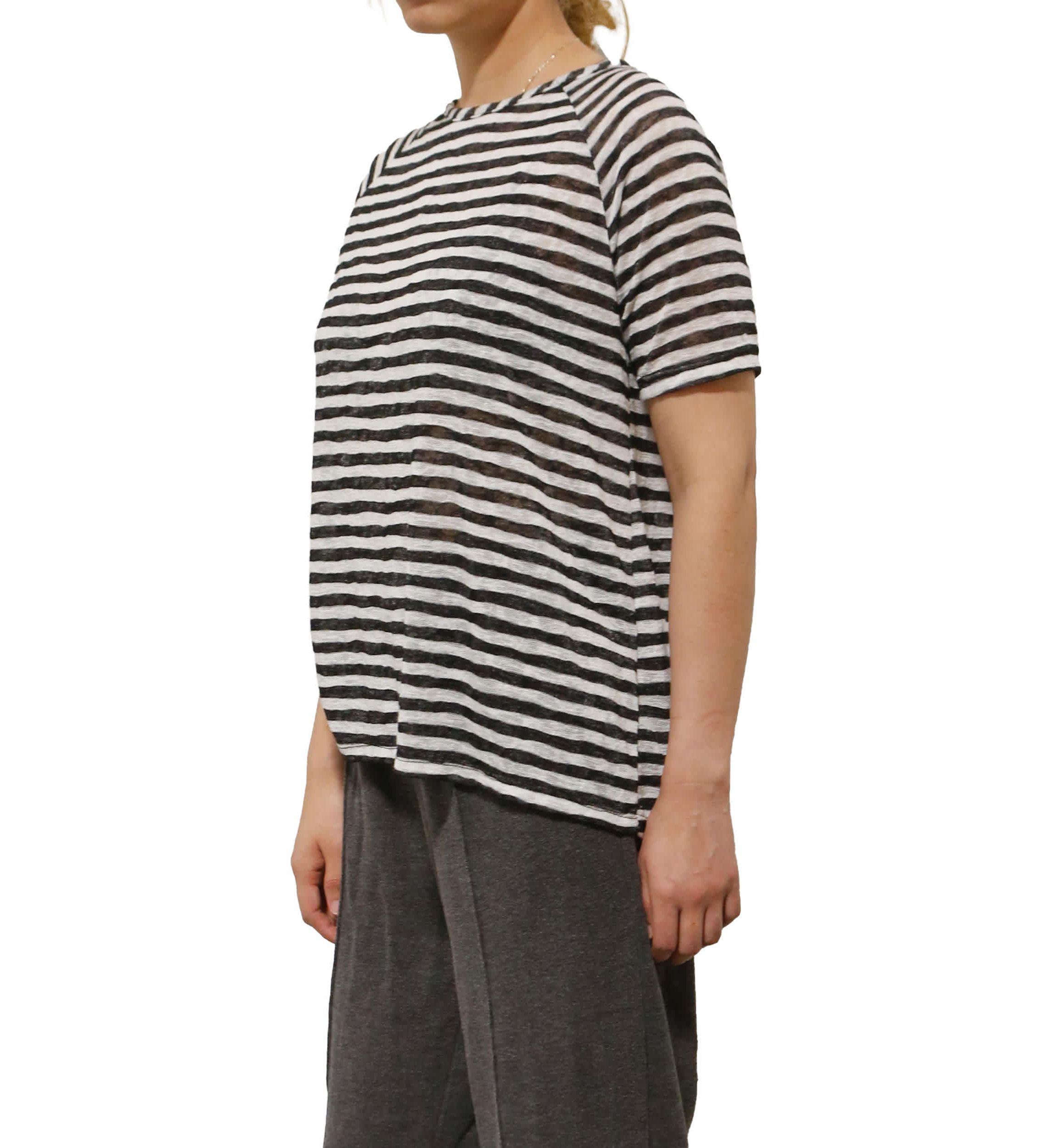Lightweight Stripe Hacci Short Sleeve Button Back