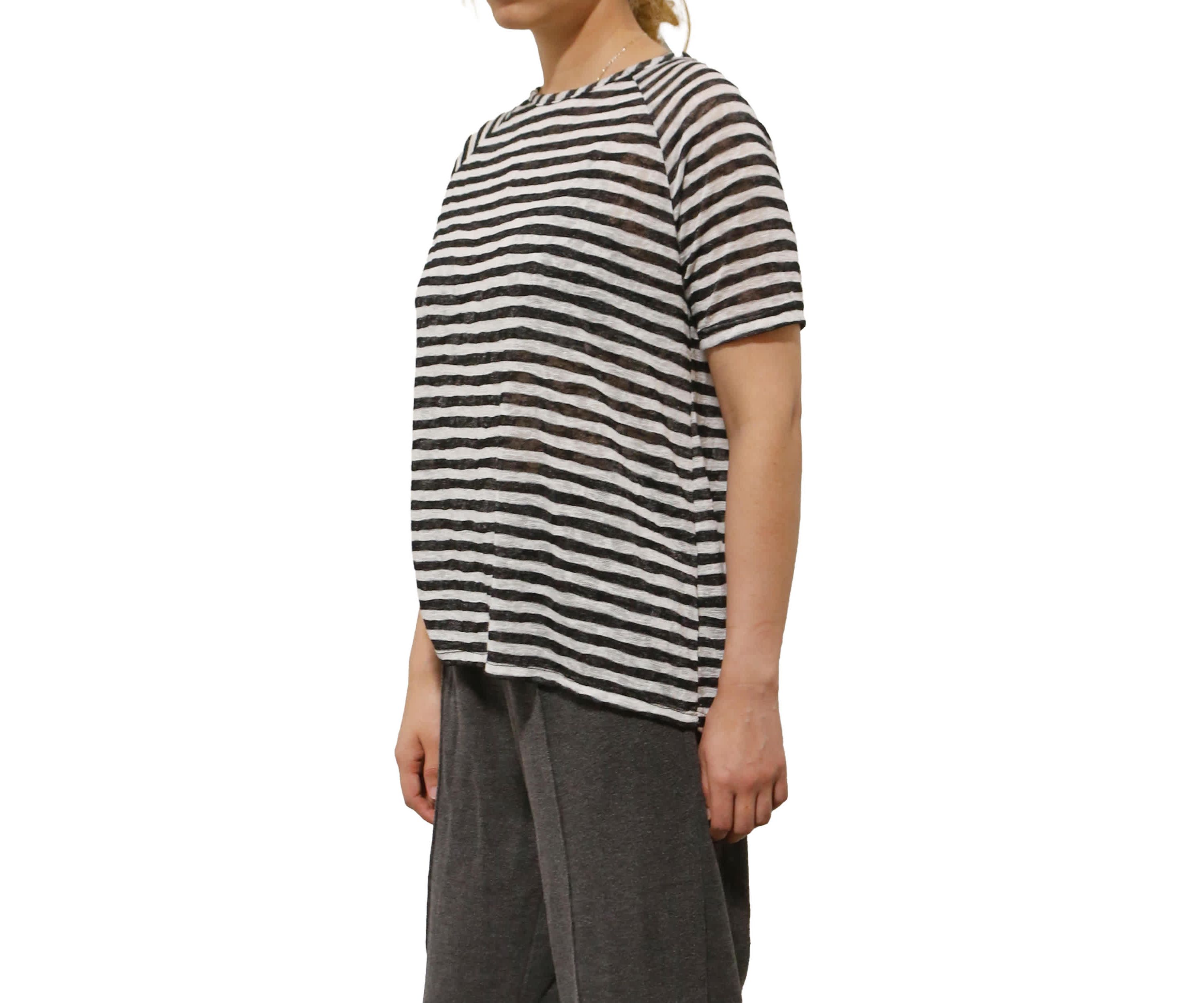 Lightweight Stripe Hacci Short Sleeve Button Back