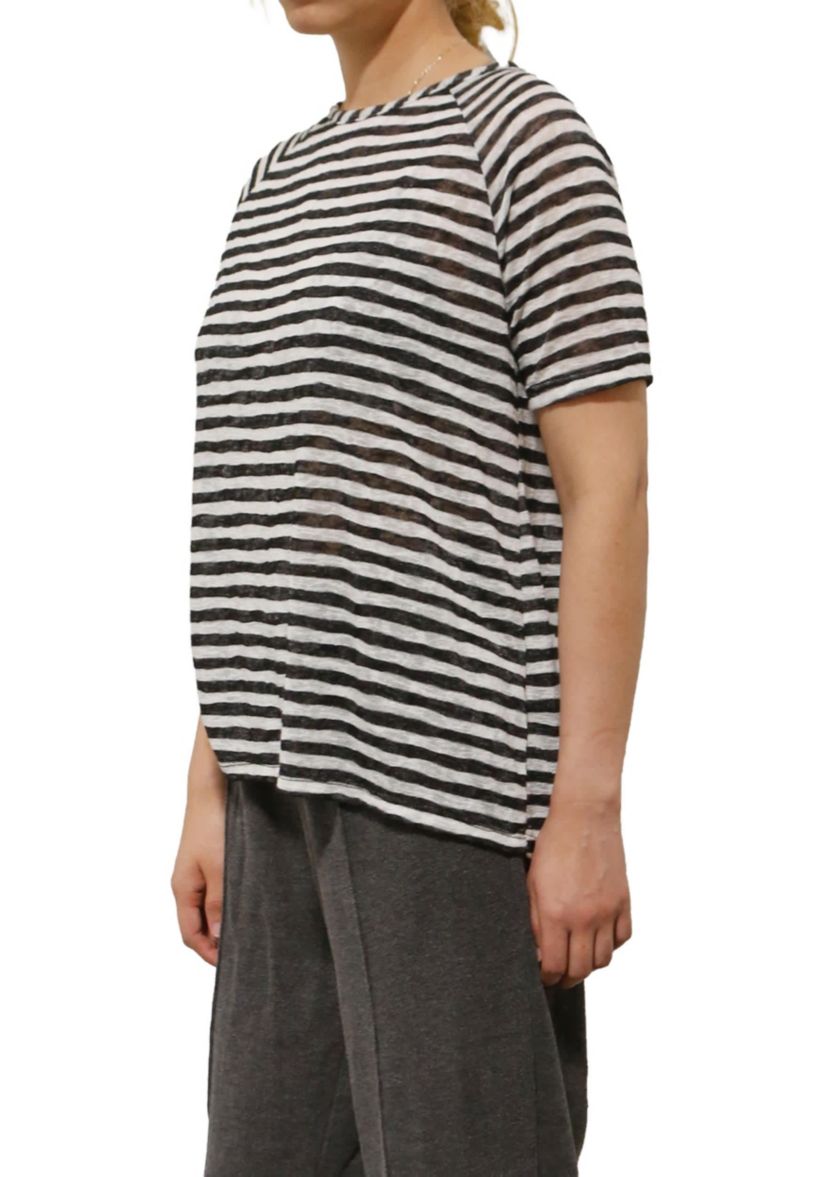 Lightweight Stripe Hacci Short Sleeve Button Back