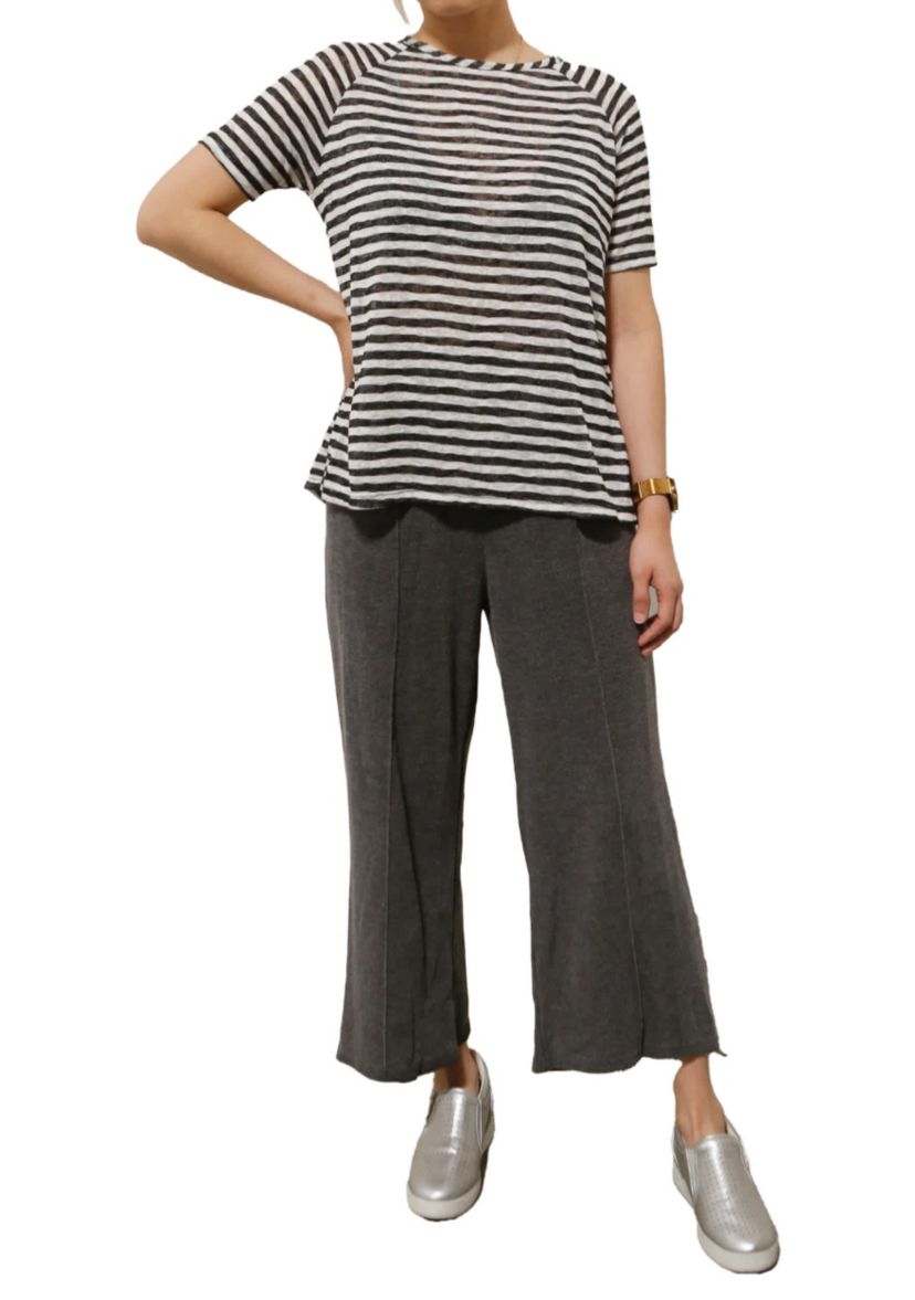 Lightweight Stripe Hacci Short Sleeve Button Back