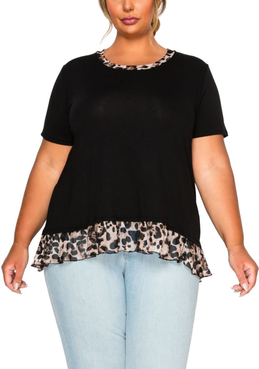 Leopard Print Mesh Pleat Back S/Slv
