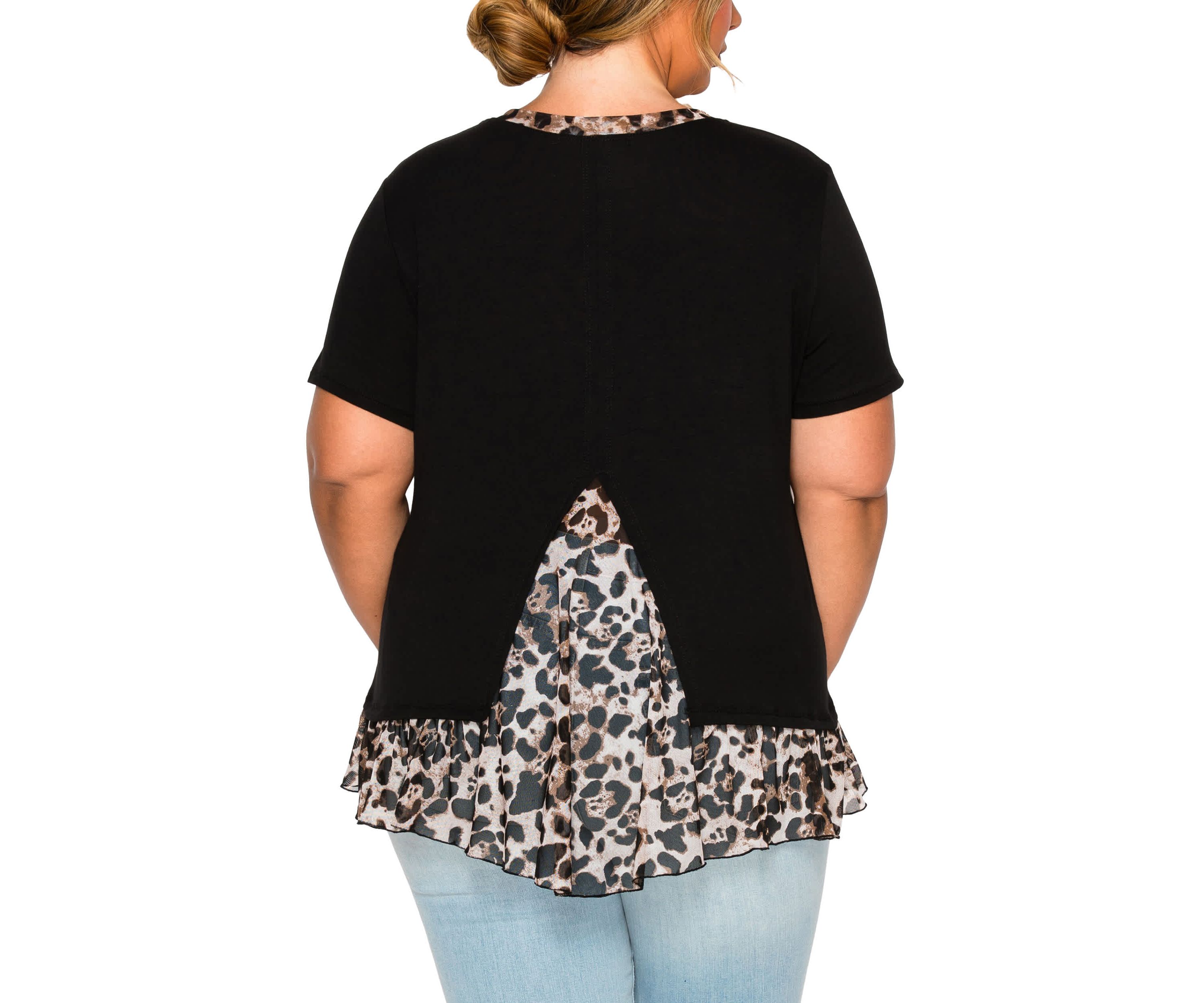 Leopard Print Mesh Pleat Back S/Slv