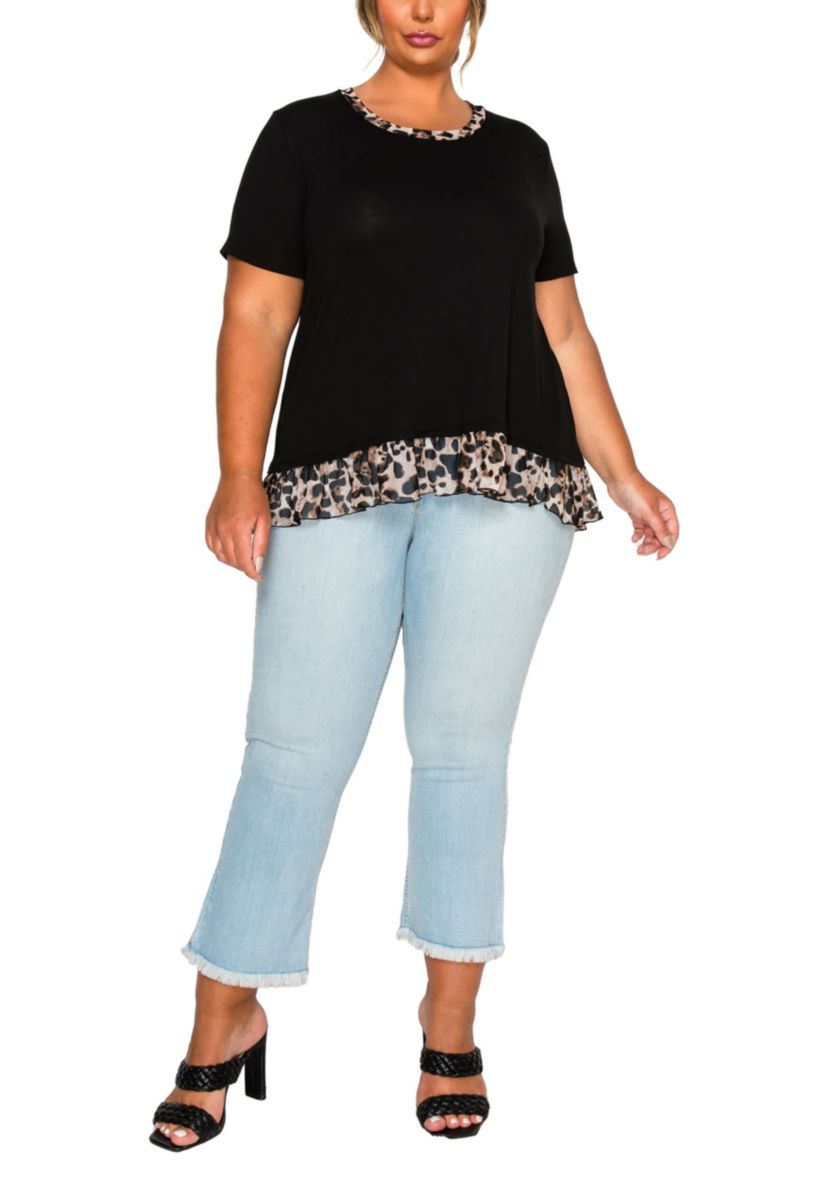 Leopard Print Mesh Pleat Back S/Slv