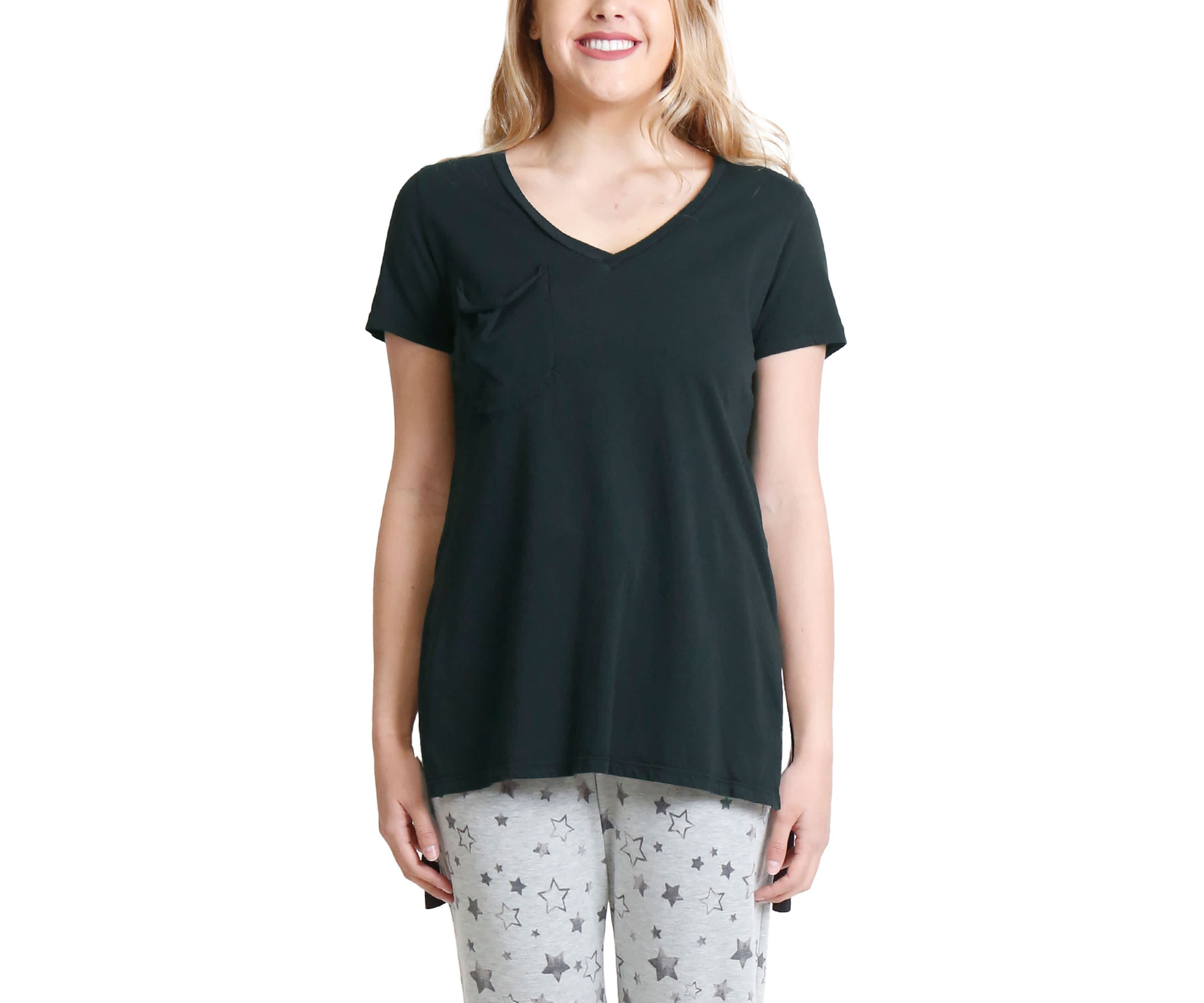 Cotton Jersey Step Hem V Neck Tee