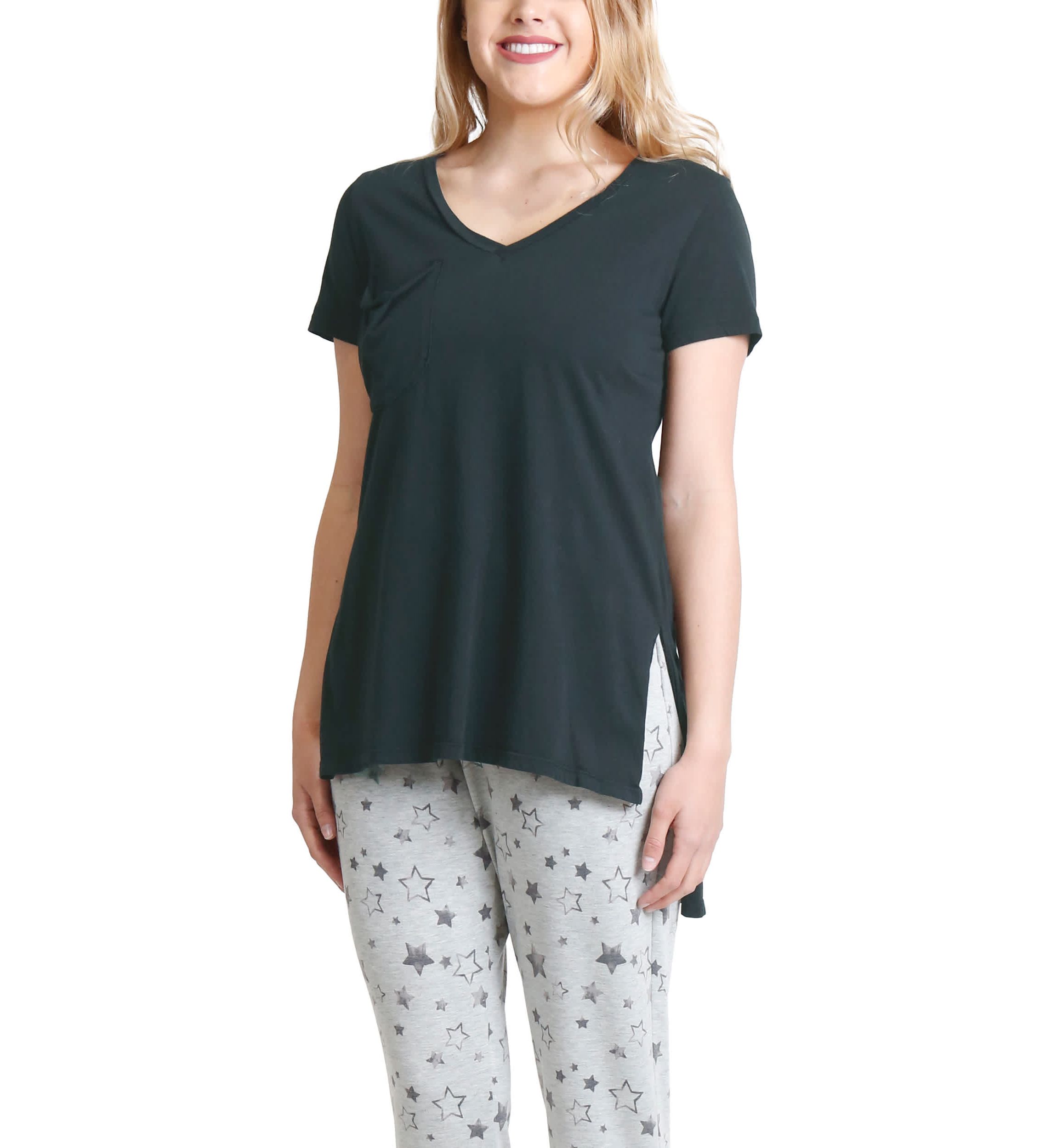 Cotton Jersey Step Hem V Neck Tee