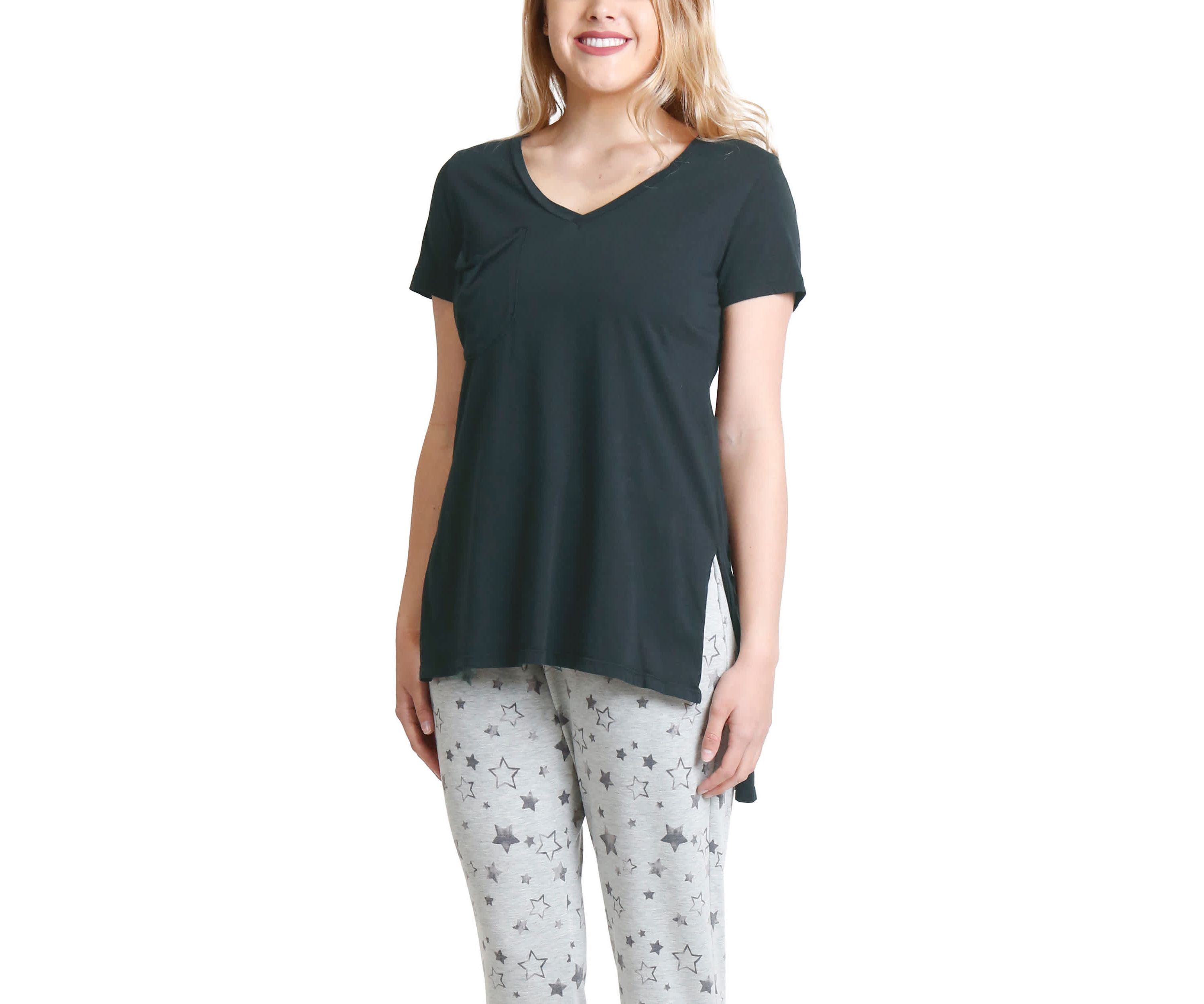 Cotton Jersey Step Hem V Neck Tee