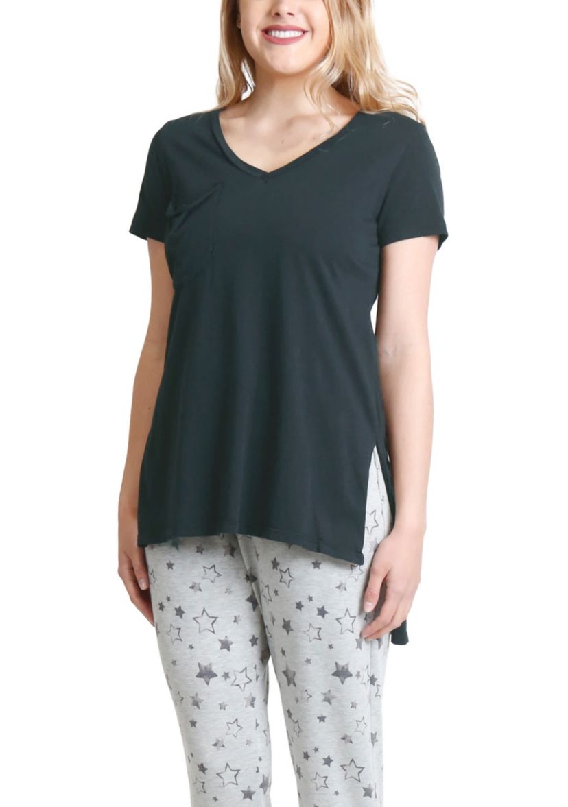 Cotton Jersey Step Hem V Neck Tee