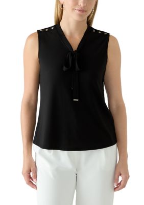 RIO & RIAN Women's Neck Tie Sleeveless Top with Hardware Detail, Black, XL