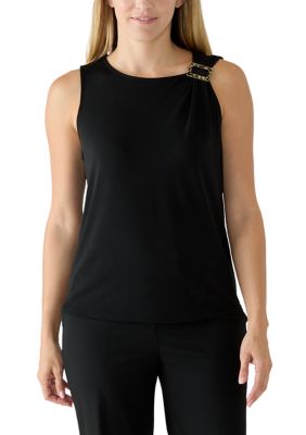 RIO & RIAN Women's Crew Neck Sleeveless Top with Hardware Detail, Black, XL