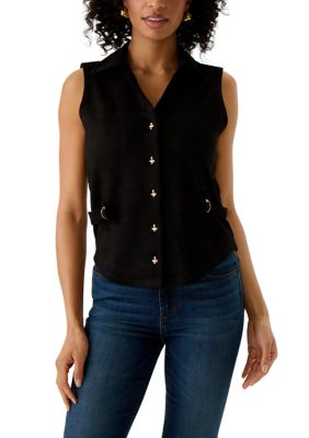 RIO & RIAN Women's Sleeveless Button Front Top with Belt, Black, XL