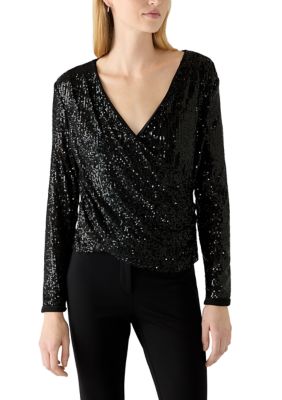 HARPER 241 Women's Long Sleeve Sequin Wrap Top, Black, XL