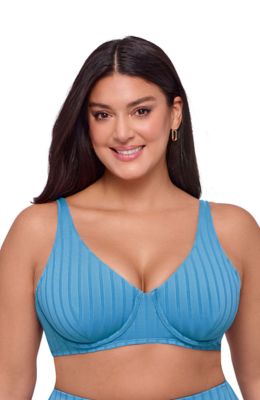 S3 Apparel Women's Supportive and Sculpting Wide Ribbed Tall Underwire Bikini Swimsuit Top, Blue, XL
