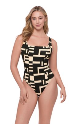 S3 Apparel Women's Smoothing and Sculpting Square-Neck Lace-Up Back One-Piece Swimsuit, Medium
