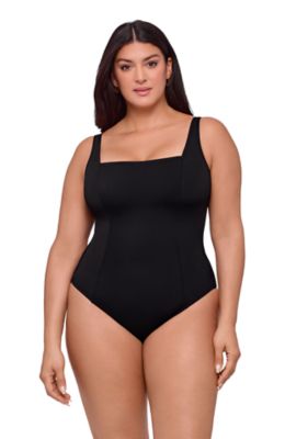 S3 Apparel Women's Smoothing and Sculpting Square-Neck Lace-Up Back One-Piece Swimsuit, Black, XL