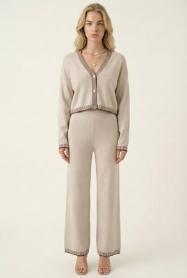 Modenaire Women's Contrast Trim Knit Cardigan Set with Cropped Top and Wide Leg Pants, Brown, Medium