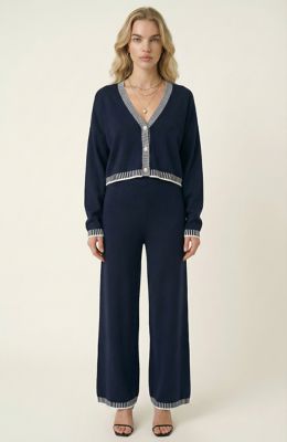 Modenaire Women's Contrast Trim Knit Cardigan Set with Cropped Top and Wide Leg Pants, Navy Blue, Large