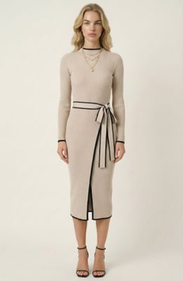 Modenaire Women's Ribbed Knit Midi Dress with Contrast Trim, Tie Waist and Front Slit, Beige, Large