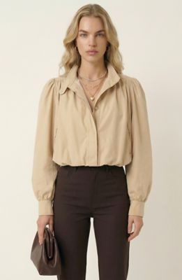 Modenaire Women's Soft Cropped Jacket with Point Collar, Puff Sleeves and Elastic Hem