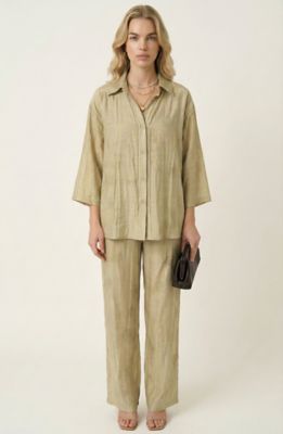 Modenaire Women's Relaxed Two Piece Set with Button Front Shirt and Drawstring Pants, Green, Large
